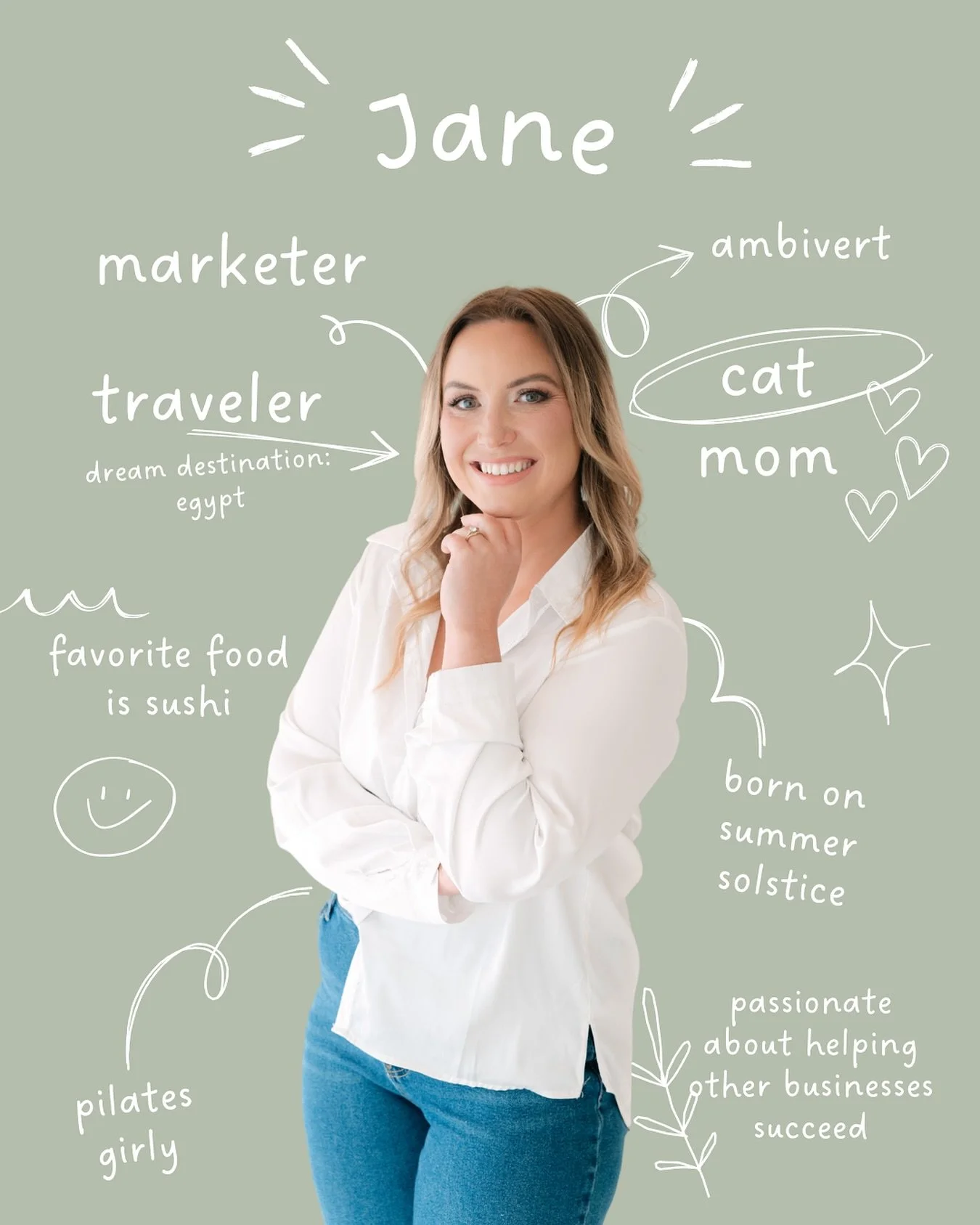 Hi, I&rsquo;m Jane! 👋

Marketer, cat mom, and traveler (Egypt is my dream destination).

I was born on the summer solstice, so maybe that&rsquo;s where my creative energy comes from. ✨

I&rsquo;m passionate about helping other businesses succeed, wh