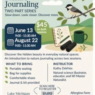 I'm excited to partner with Great Lakes Bird Observatory at the beautiful Afterglow Farm for a 2 part Nature Journaling session Saturday June 13 and August 22. Join us to learn the basics and jump start your nature journaling practice this summer. DM
