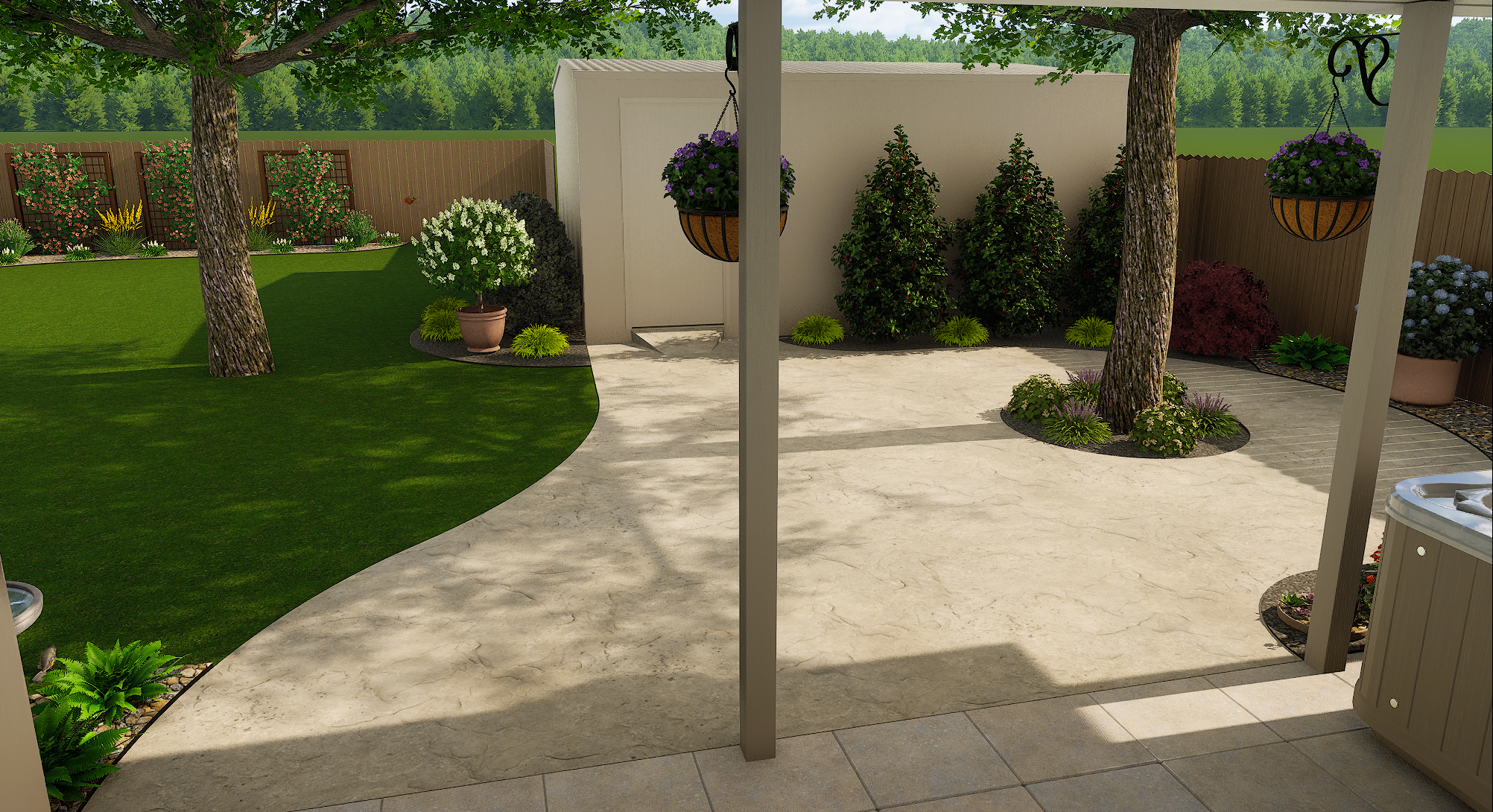 A view of a backyard garden with a patio, trees, potted plants, hanging flower baskets, a wooden fence, and a lush green lawn.