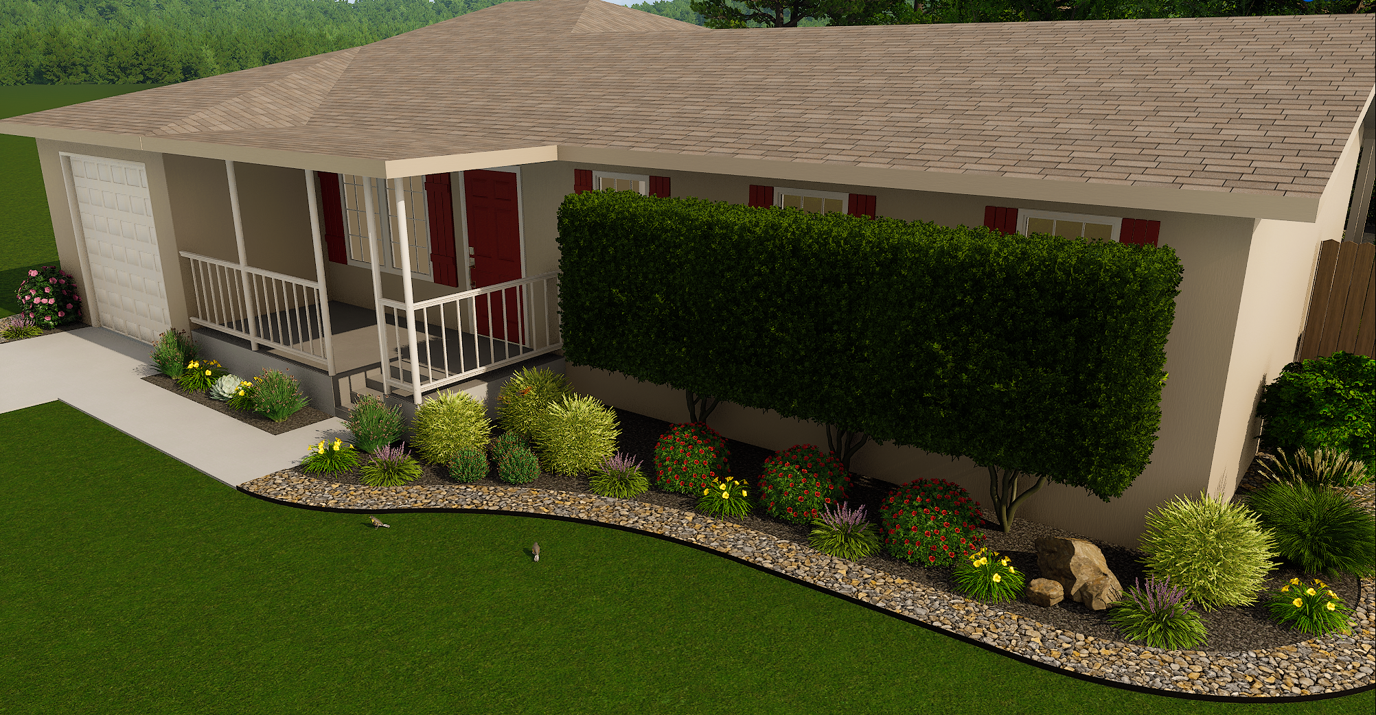 A digital rendering of a single-story house with a front porch, red shutters, and a brown shingled roof. The house is surrounded by a well-maintained garden with colorful flowers, bushes, rocks, and a green lawn.