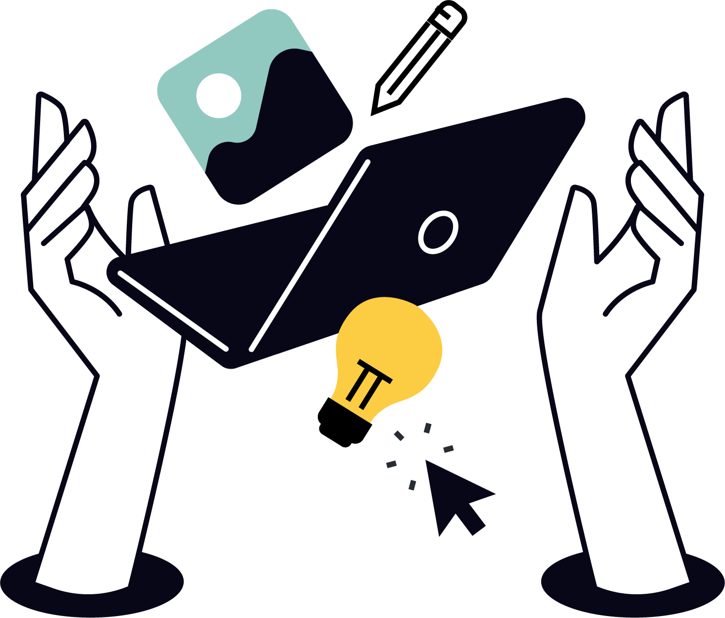 Illustration of hands holding a computer mouse with a light bulb symbol and a mouse pad with a landscape image.