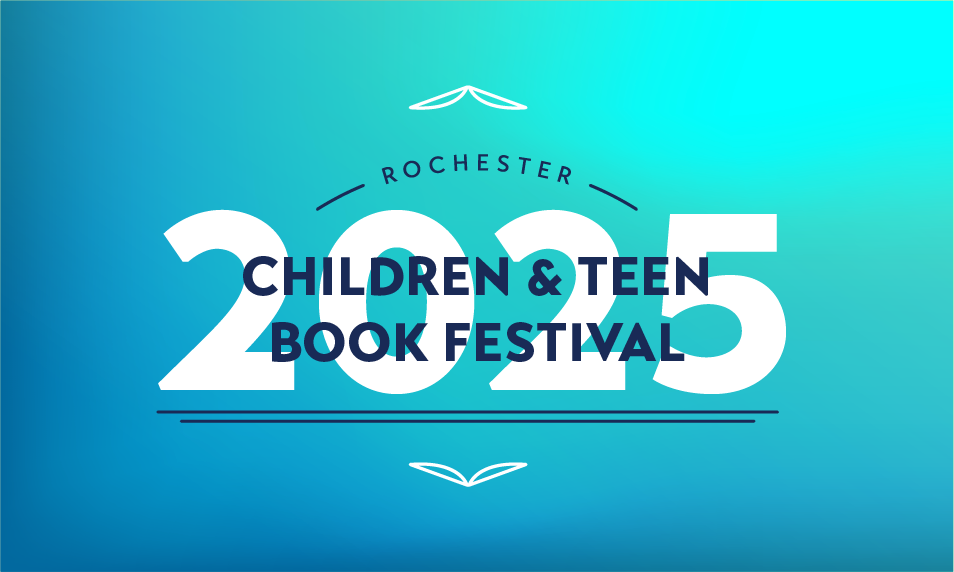 Rochester Children & Teen Book Festival 2025 logo with blue gradient background, stylized open book graphics, and bold text.