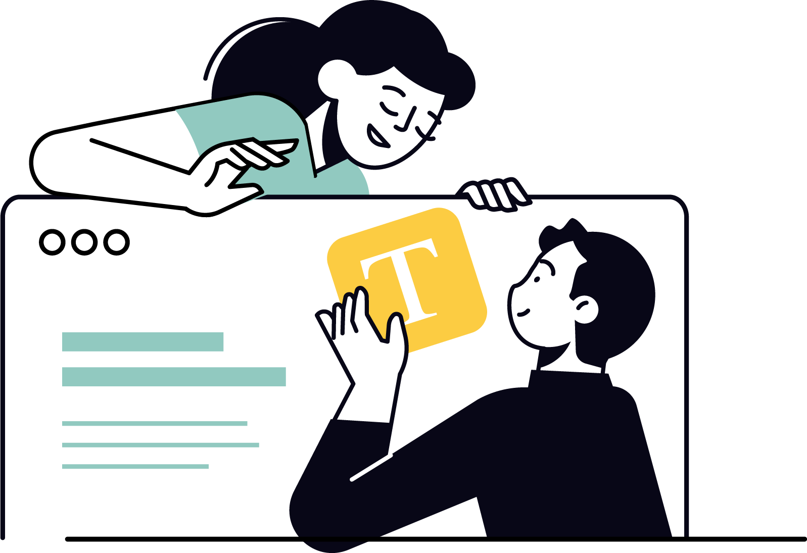 Illustration of a woman and a girl engaging in a video chat, with the girl holding a yellow block with a white letter T, set against a minimal background.
