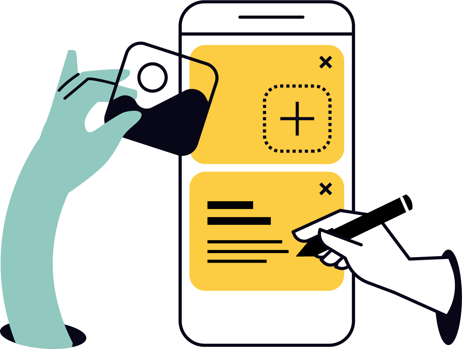 Digital illustration of two hands holding a smartphone with yellow interface elements, one hand using a stylus and the other hand tapping an icon.