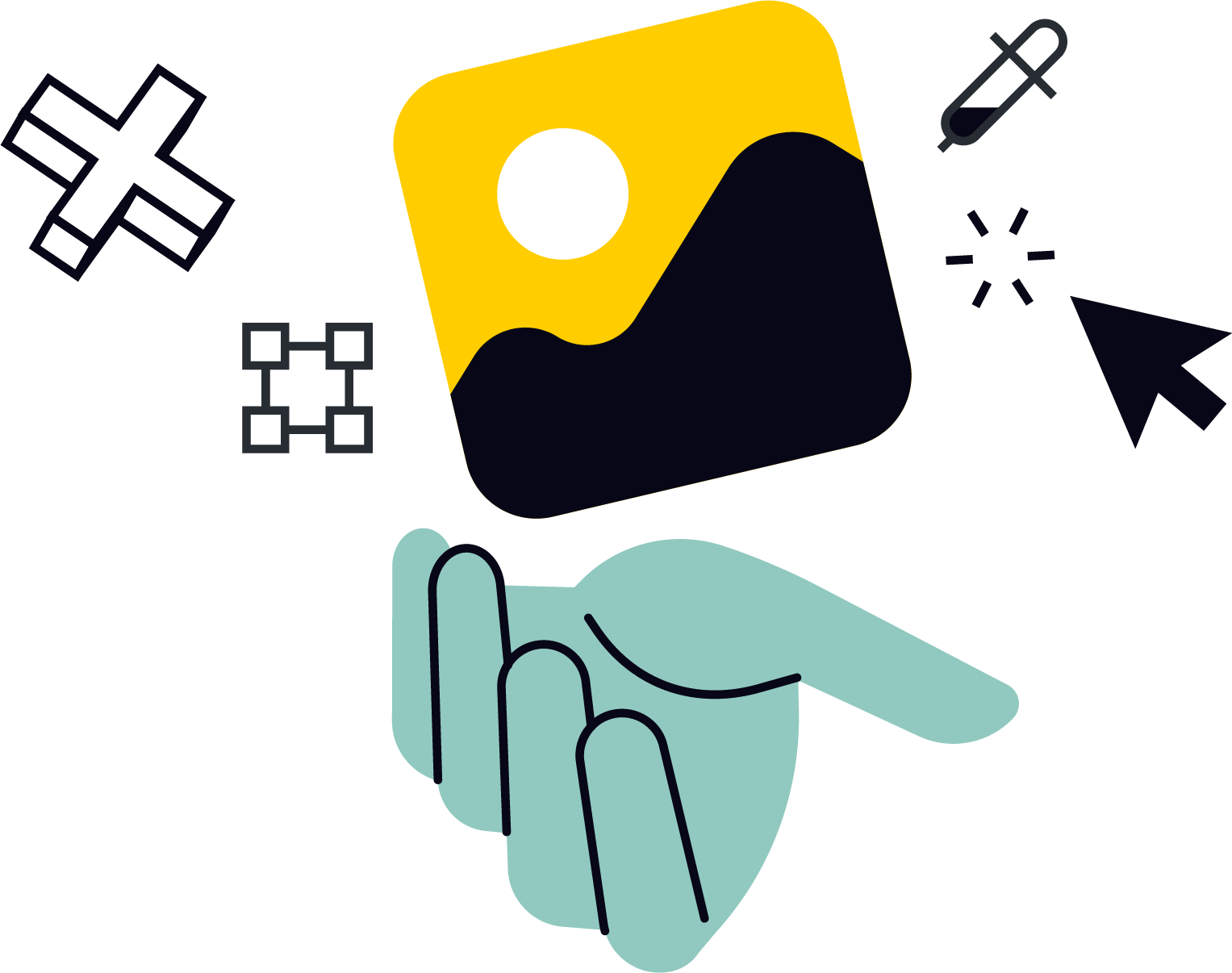Illustration of a hand reaching toward a mountain icon with a sun, surrounded by icons of editing tools, a dropper, and a cursor pointer.