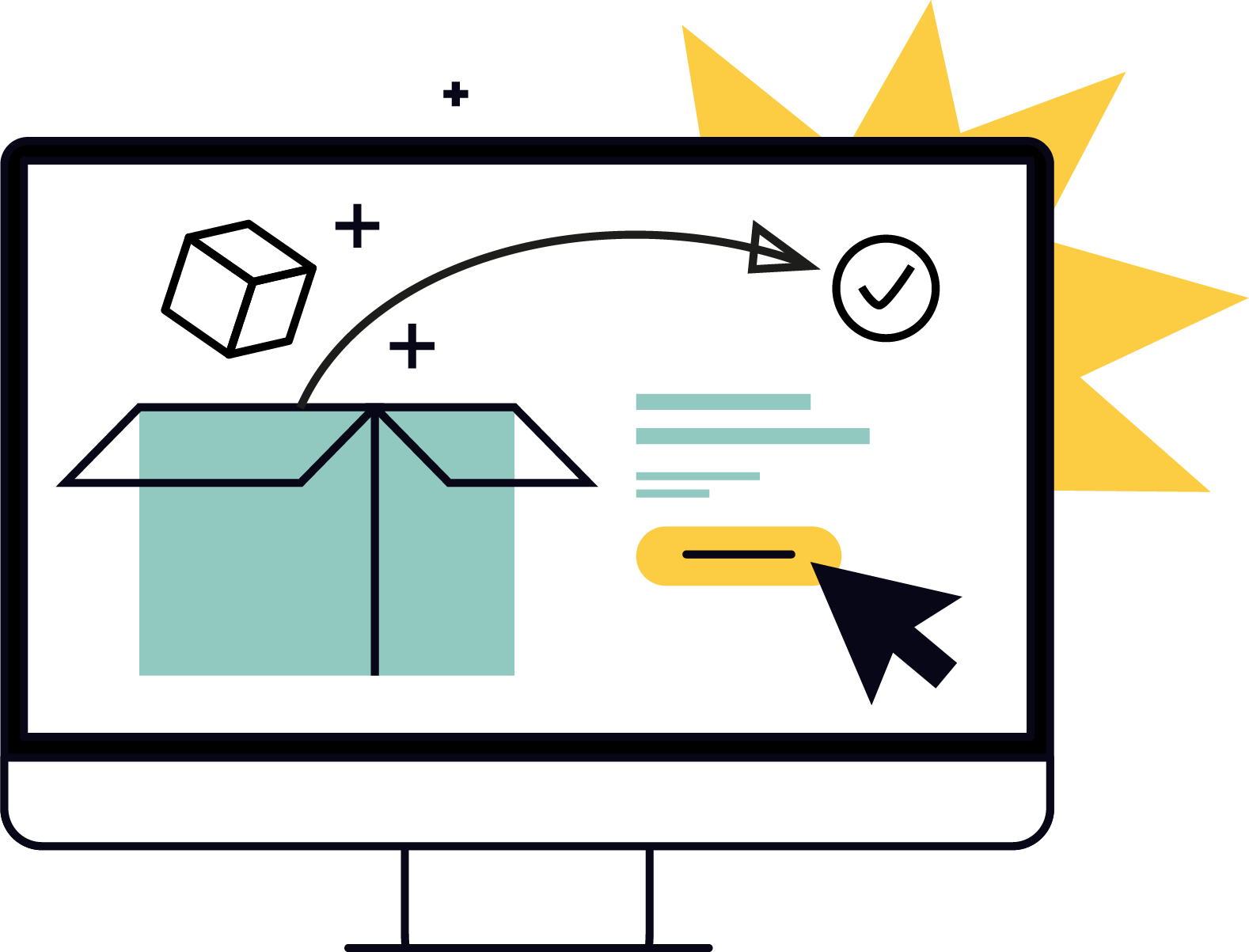A computer screen displaying a diagram with a cube, an open cardboard box, and various lines of text, with a large cursor pointing to a yellow button, and a checkmark inside a circle.