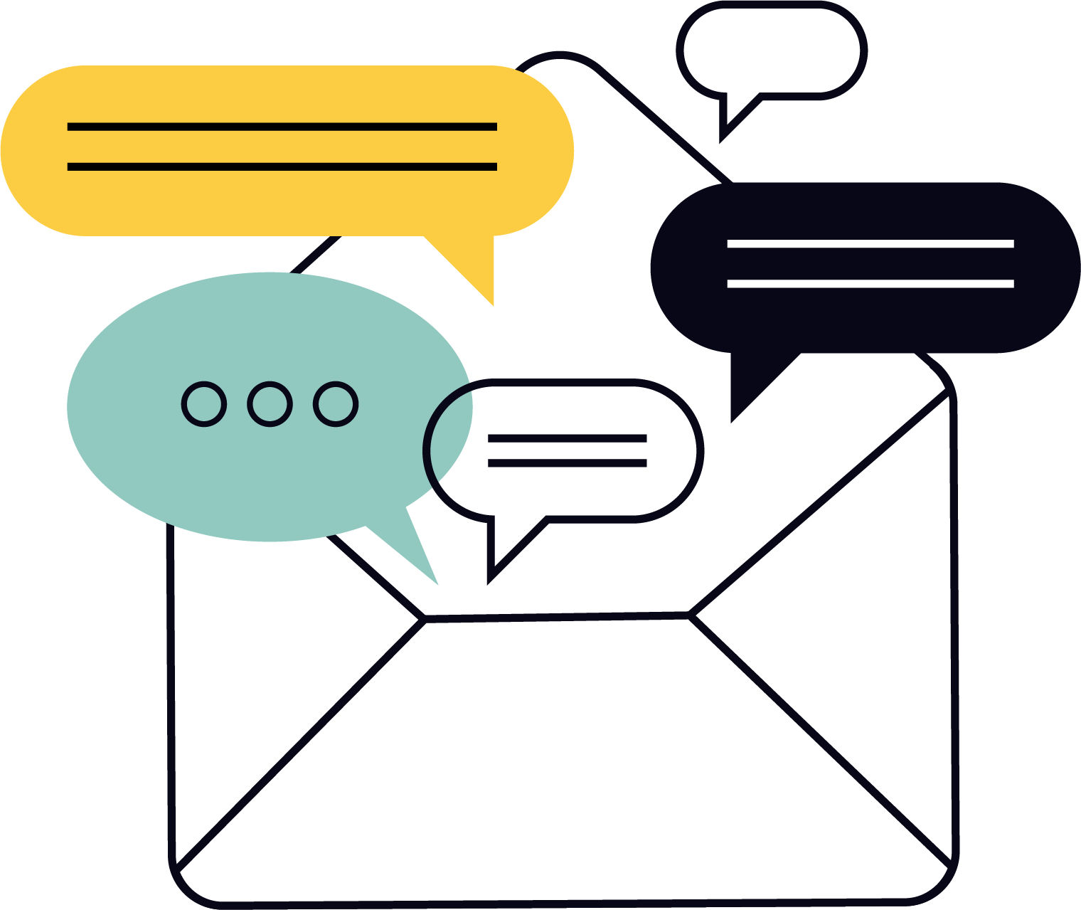 Illustration of an open envelope with colorful speech bubbles emerging from it, representing messaging or communication.