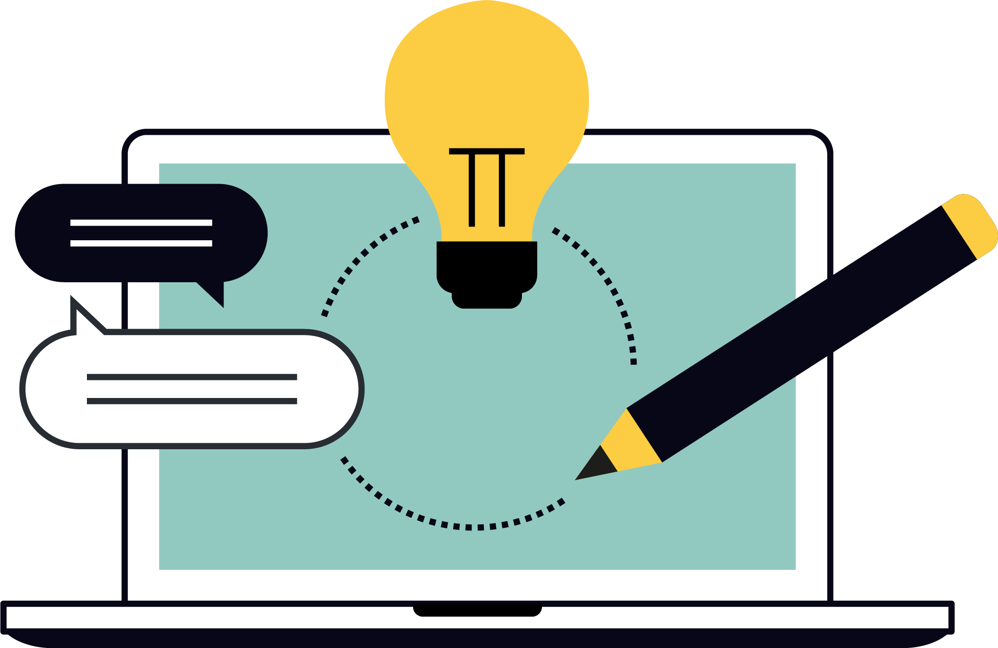 Digital illustration of a laptop with a yellow light bulb above it, a black pen to the right, and speech bubbles on the left, representing ideas and communication.