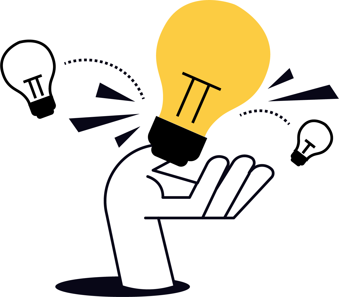 Illustration of a hand holding a lightbulb with lines radiating from it, symbolizing an idea or innovation.
