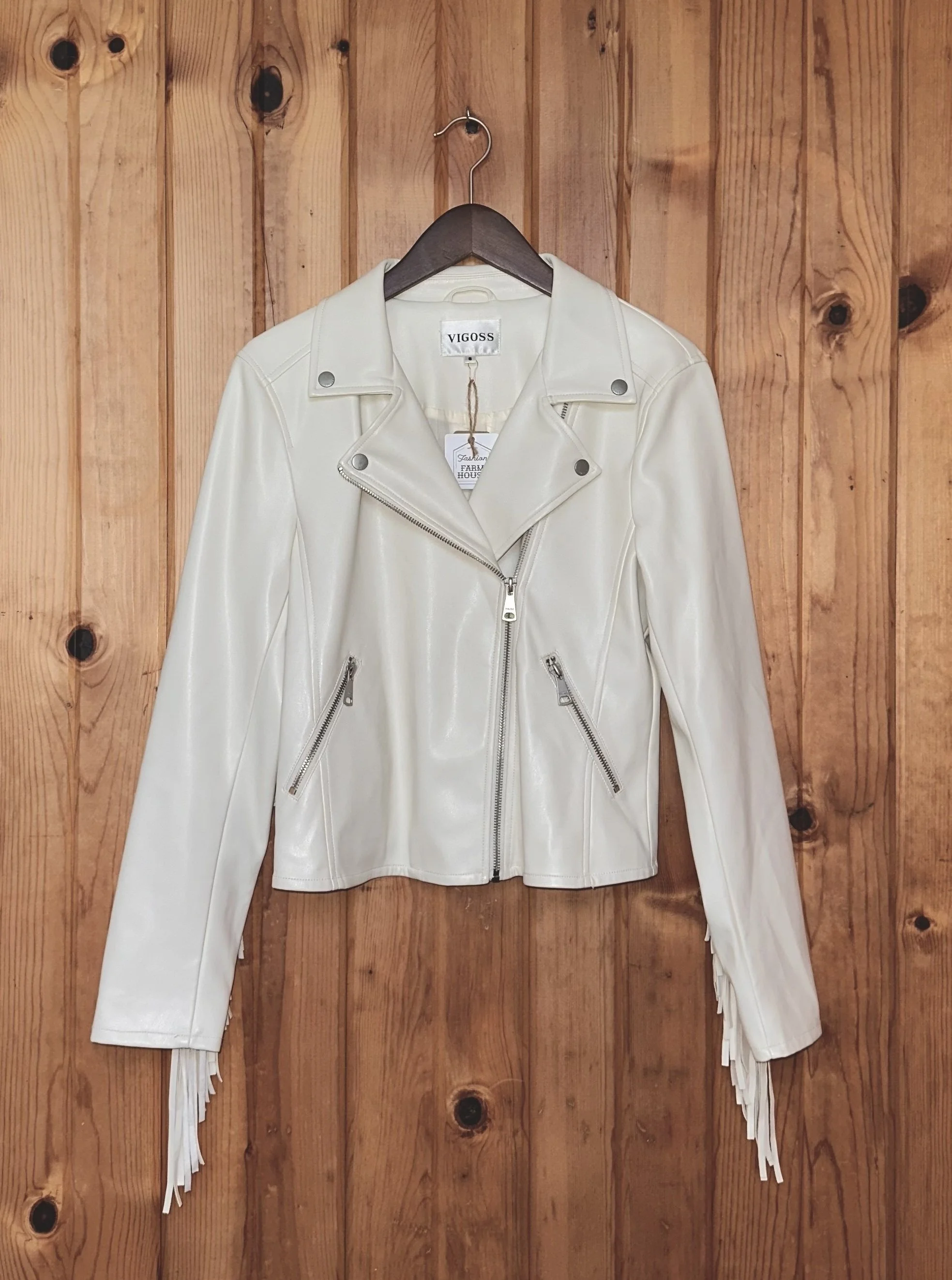 Ivory Faux Leather Fringe Jacket
