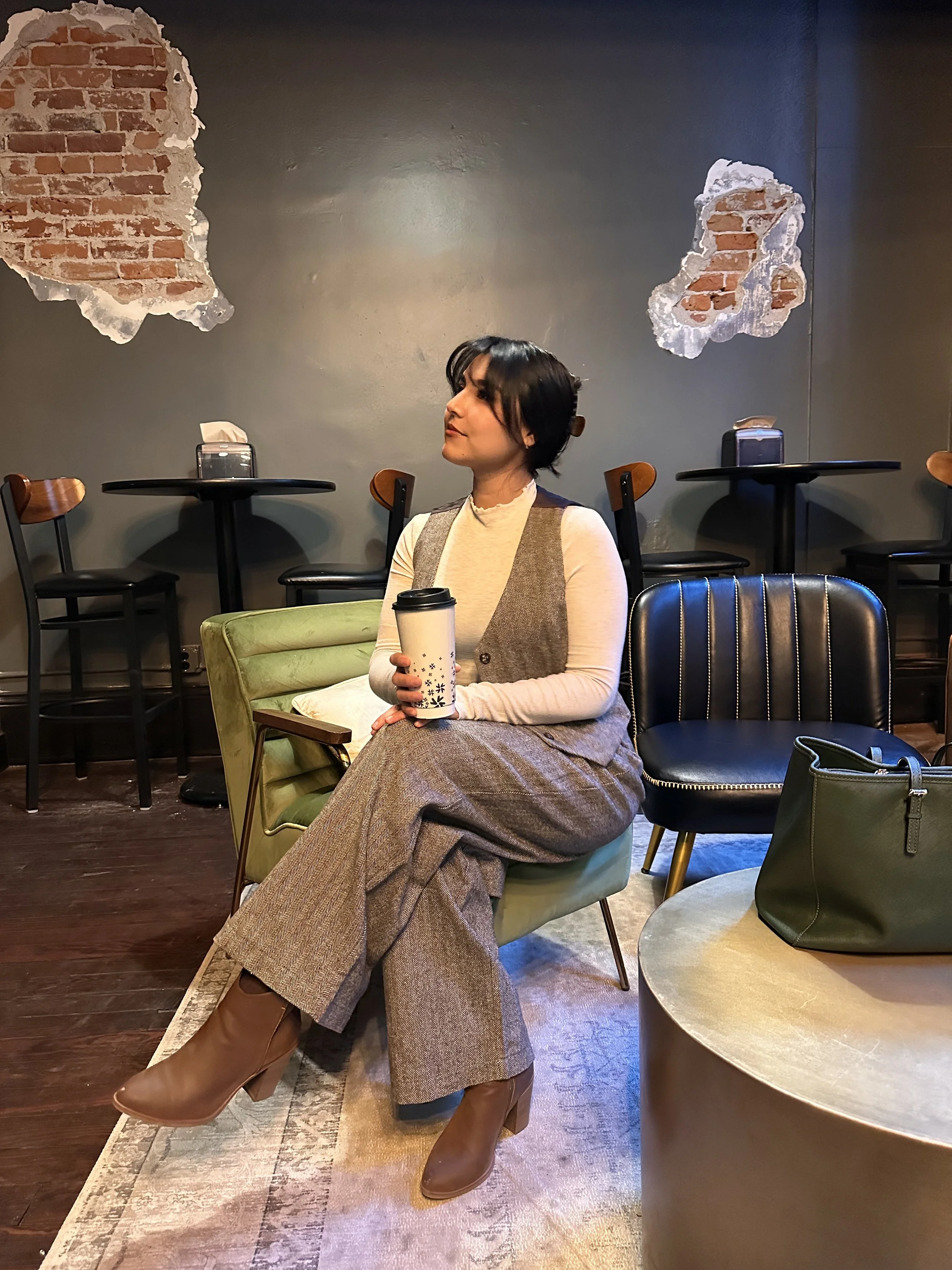 A woman in her go-to woolen pant set, sold here at Fashion Farmhouse.