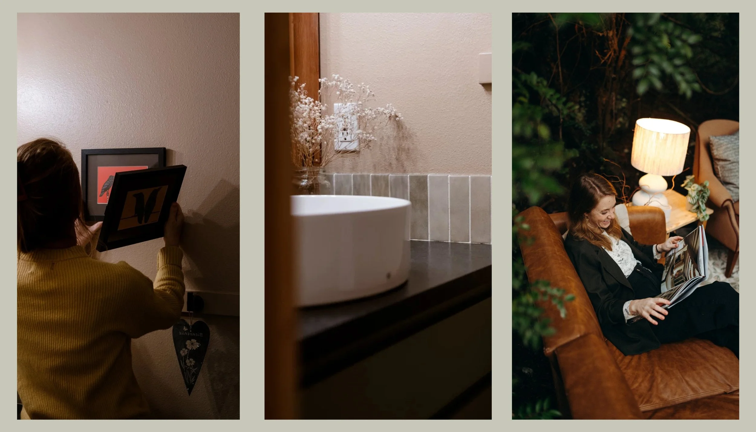 A collage of three photos: the first shows a woman hanging a picture on a wall, the second features a close-up of a white countertop with a sink and dried flowers, the third depicts a woman sitting on a brown leather sofa outdoors at night, reading a magazine with a lamp and greenery nearby.