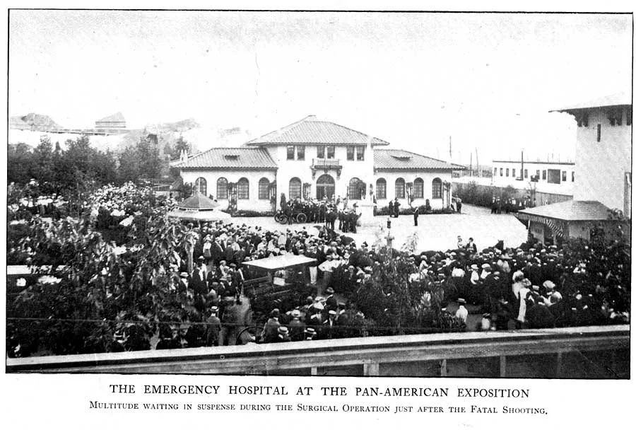 A crowd waits for news after President McKinley has emergency surgery, Pan-Amerian Exposition, Buffalo, 1901 (Wikimedia Commons)