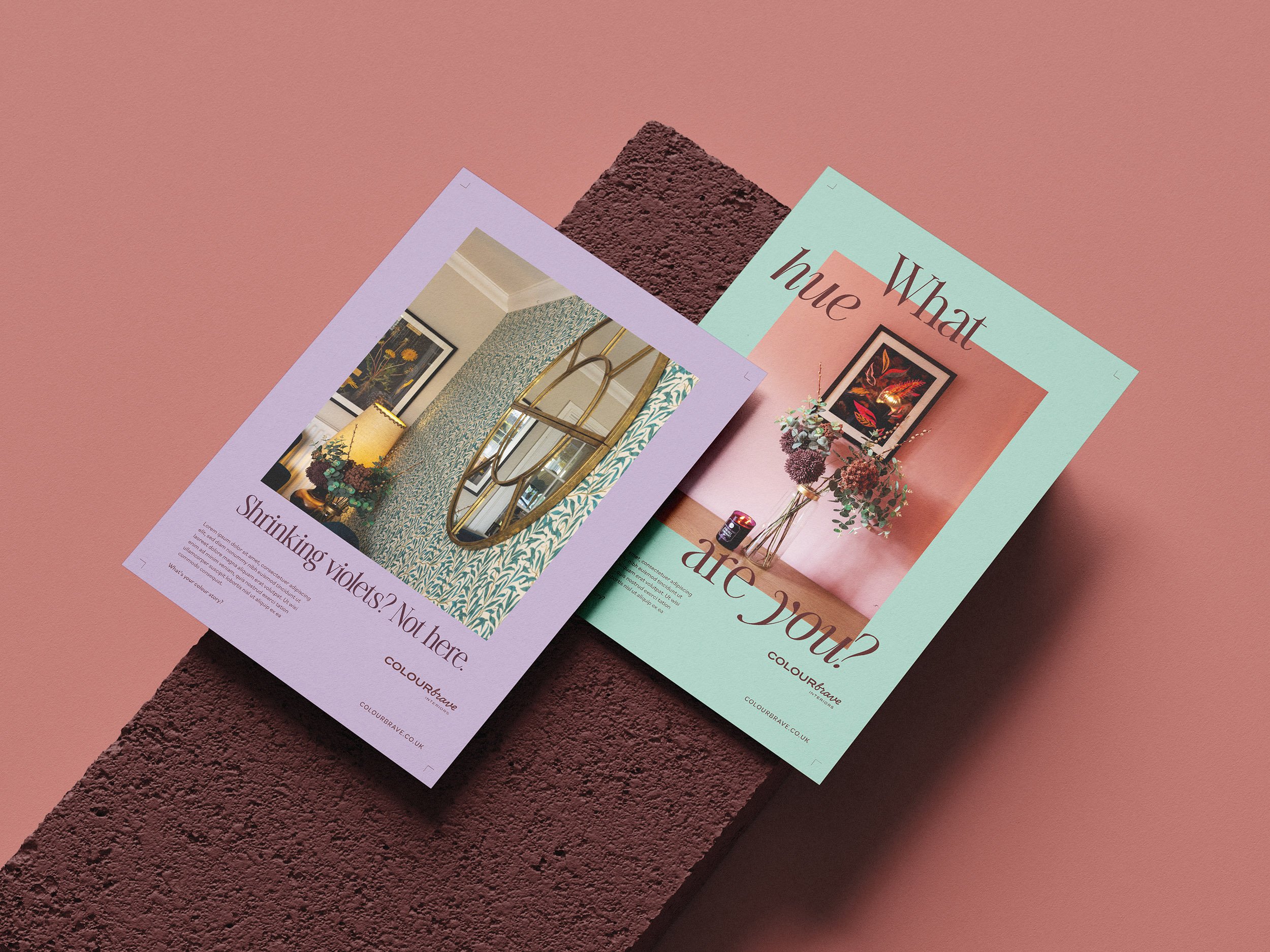 An image showing two beautifully designed postcards for an interior designer to use to promote their business. One is lilac and the other is pink.