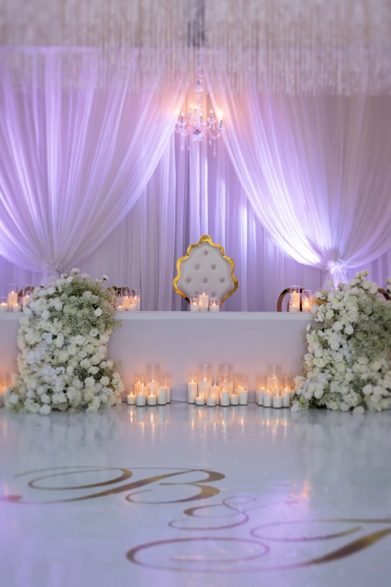 Nikkah Ceremony backdrop tranistioned into a focal point for the evening ladies reception. Upligting, chandeliers, specialty draping.