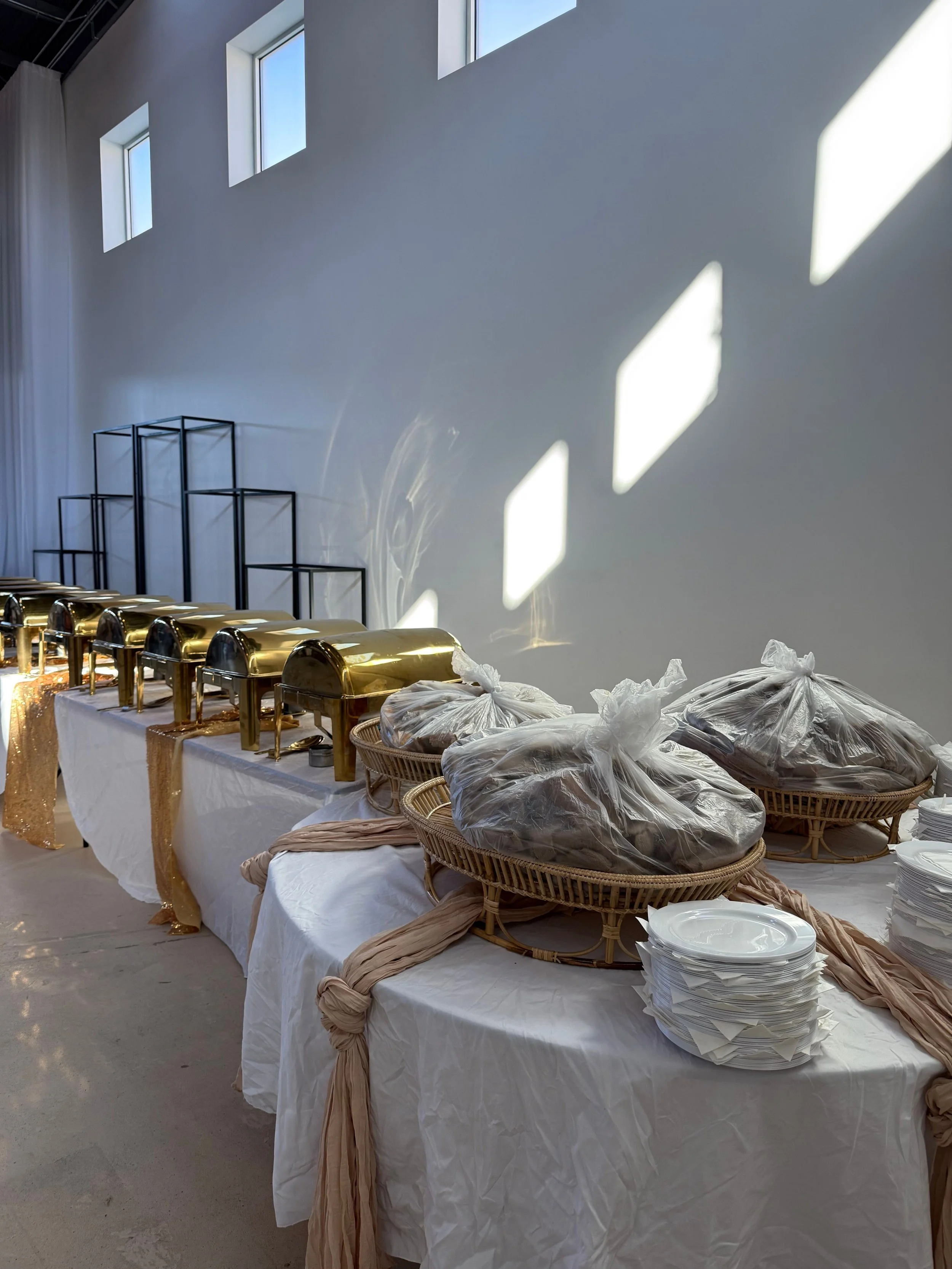 Large buffet line, double sided with gold chafers.