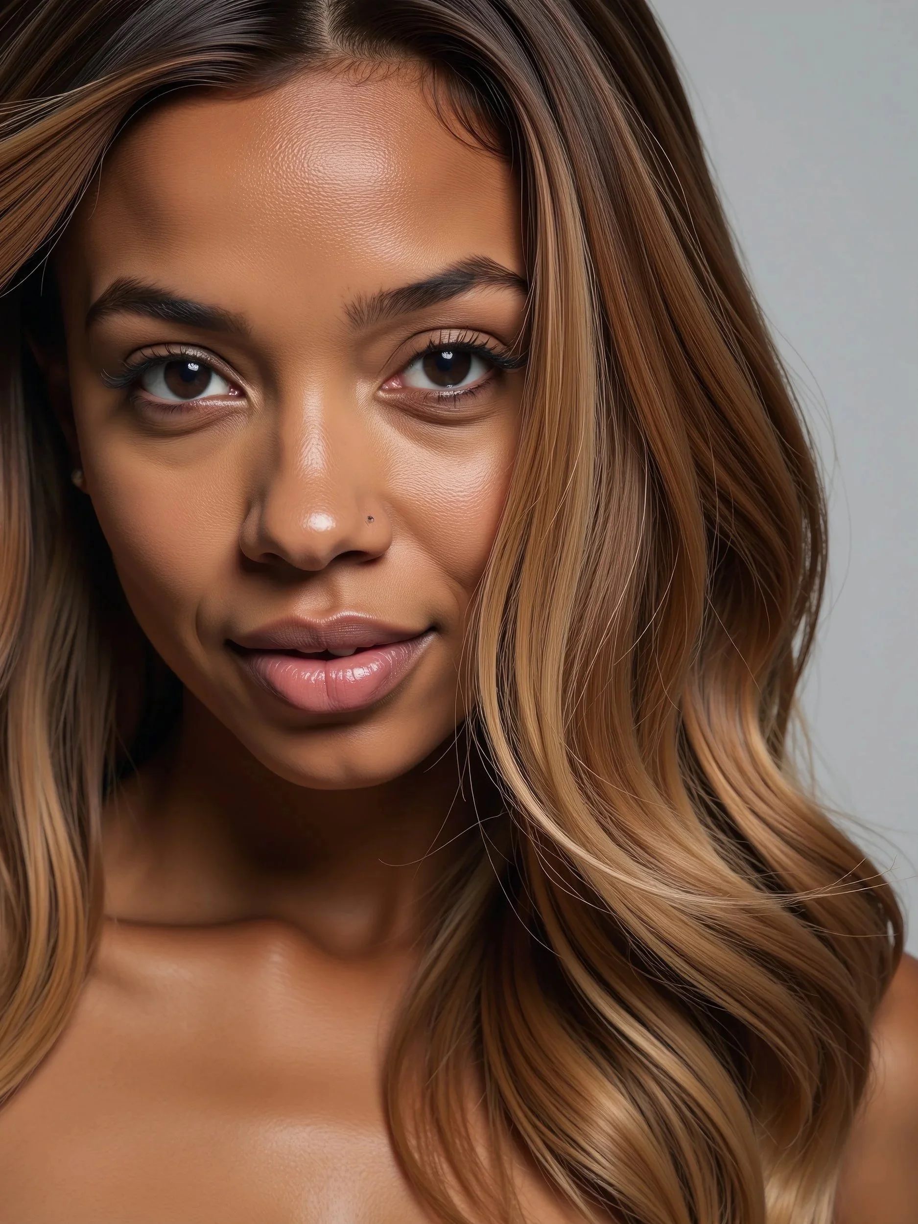 black woman with natural highlights and balayage with soft wavy style