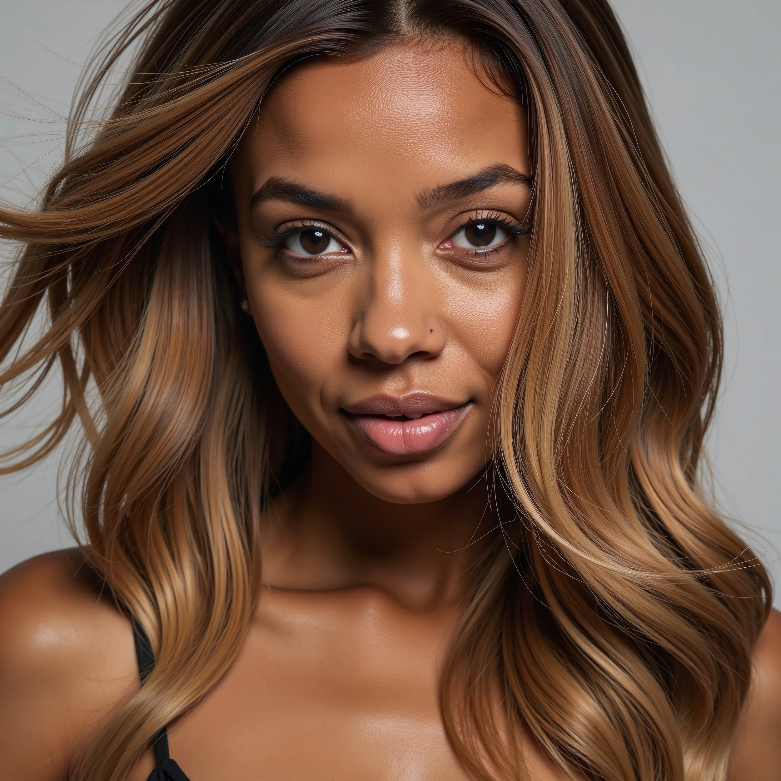 black woman with natural highlights and balayage with soft wavy style