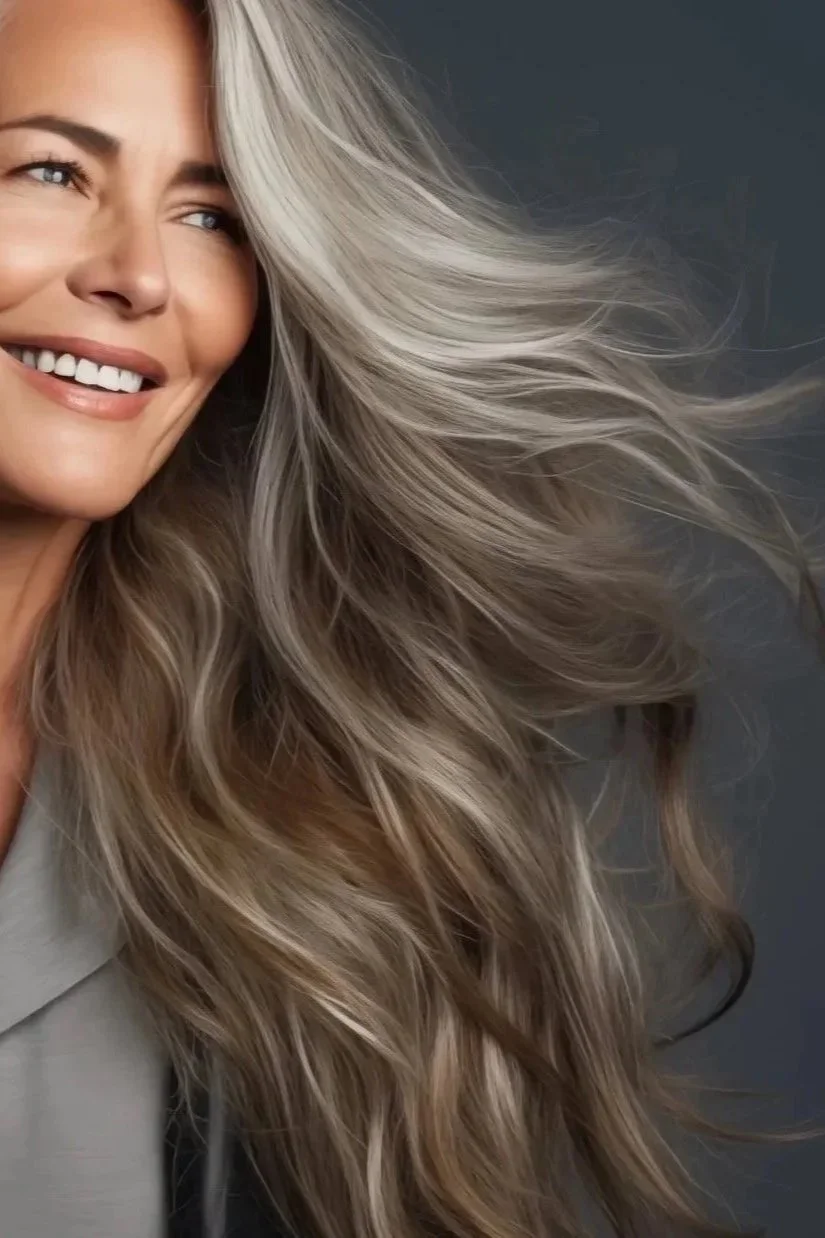 Blending natural grey with highlights and low lights for keeping natural grey roots and ends. natural grey hair coloring for older women