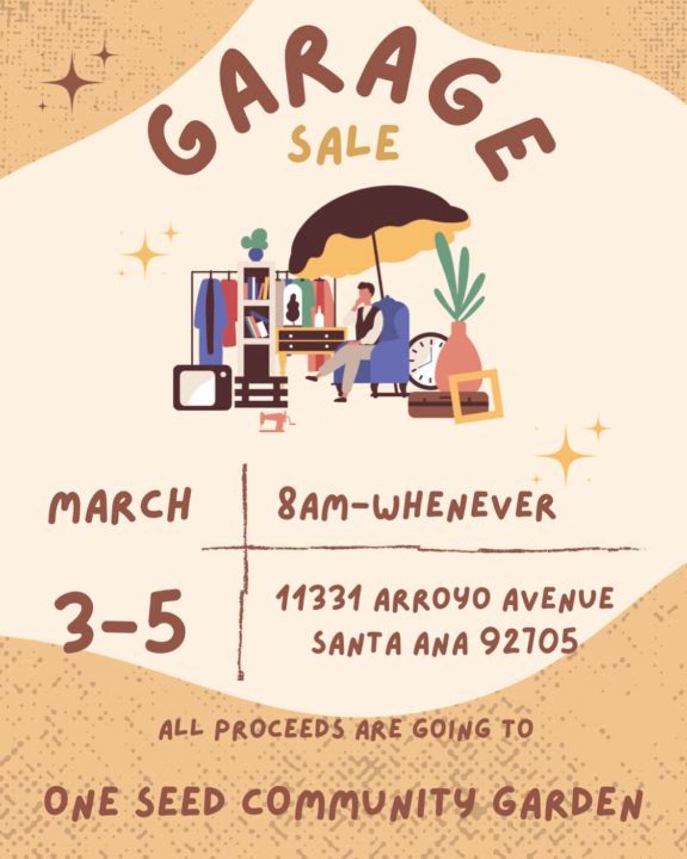 Some of our One Seed Community Garden volunteers are having an *Epic Garage Sale* with proceeds going to the garden! 

This weekend March 3rd-5th
8am-whenever

We&rsquo;re so grateful for our community and the volunteers willing to donate time, resou