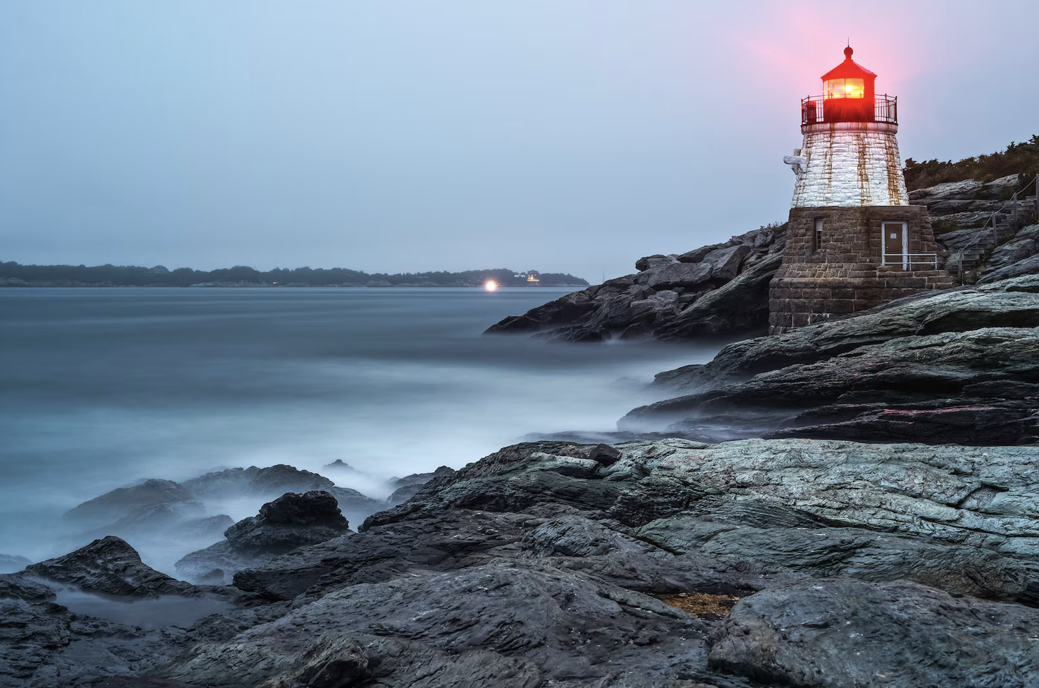Misty Castle Hill Light, Newport Rhode Island, Light House, New England Rocky Shores, Photography Print, Wall art by James Katt Photography
