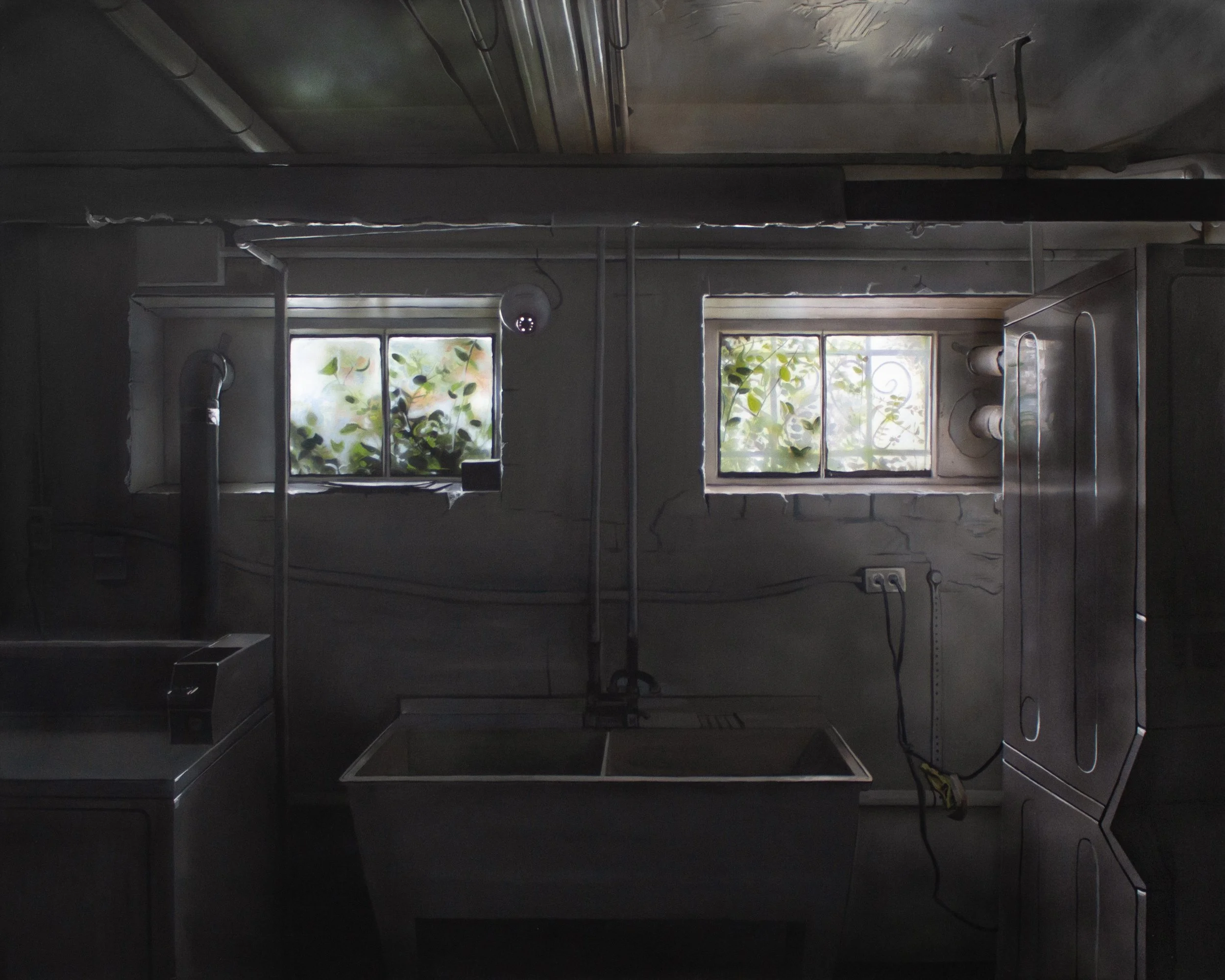 Shared Laundry Room, 40x30 acrylic and acrylic ink on canvas, 2026