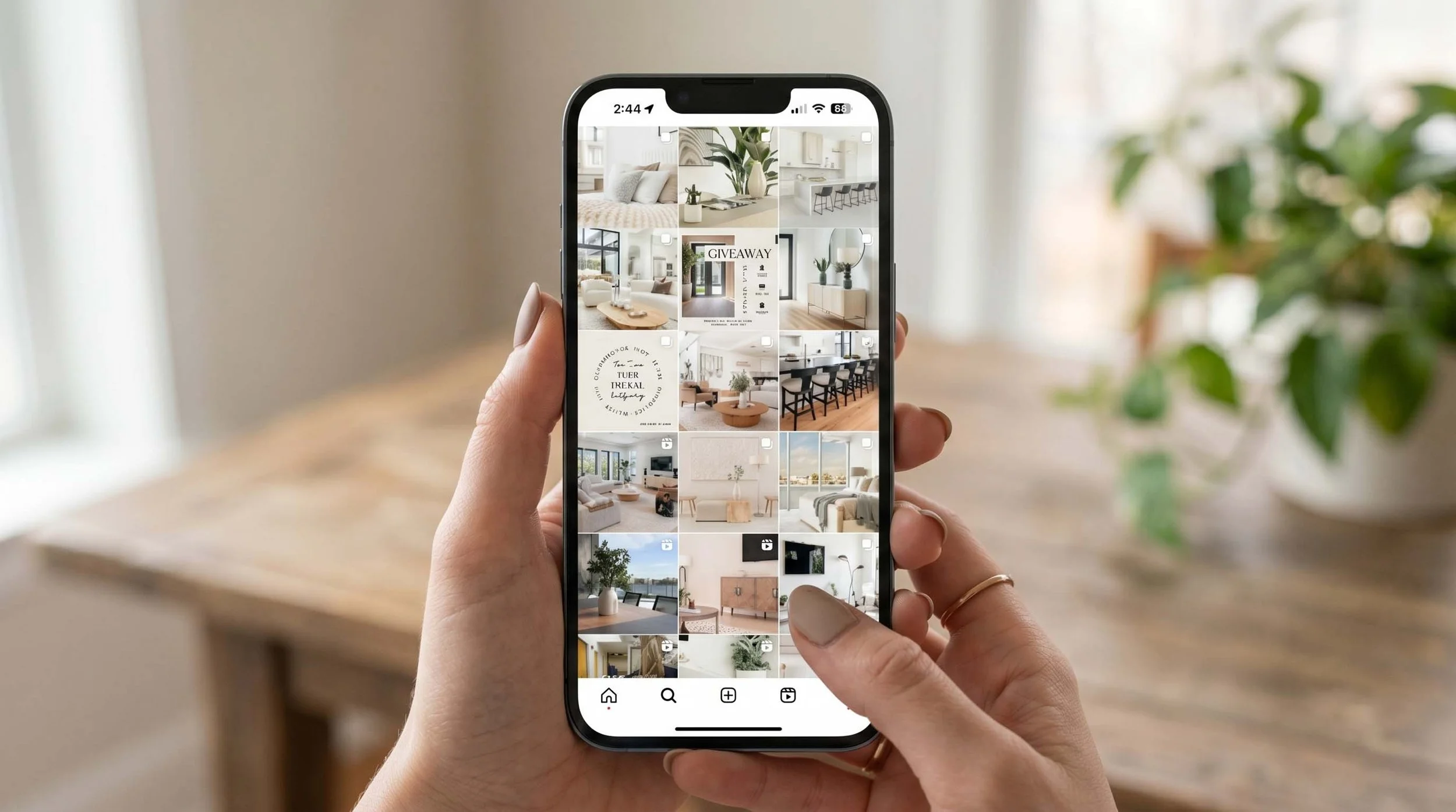 Hand holding a smartphone displaying a collage of interior home design photos and advertisements.