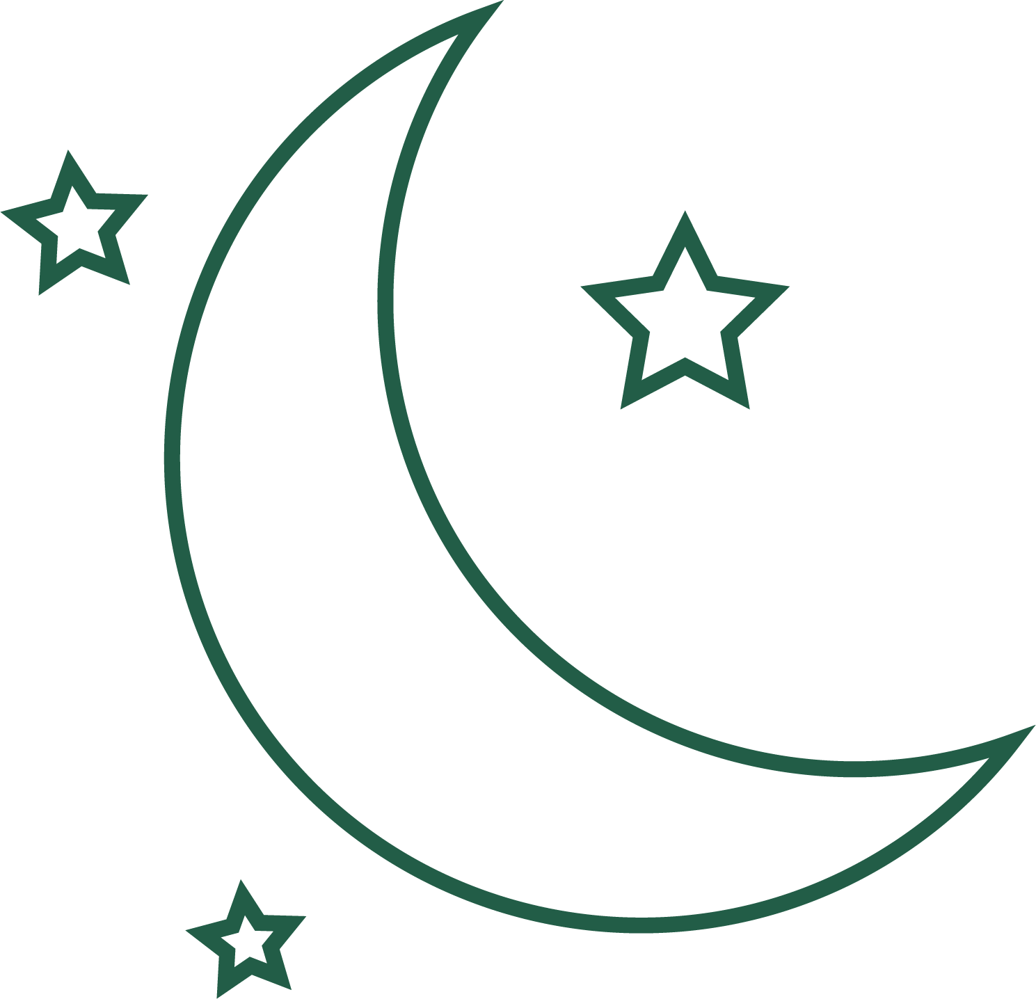 Green outline of a crescent moon with two stars, one near the moon's upper left and the other near the bottom left.
