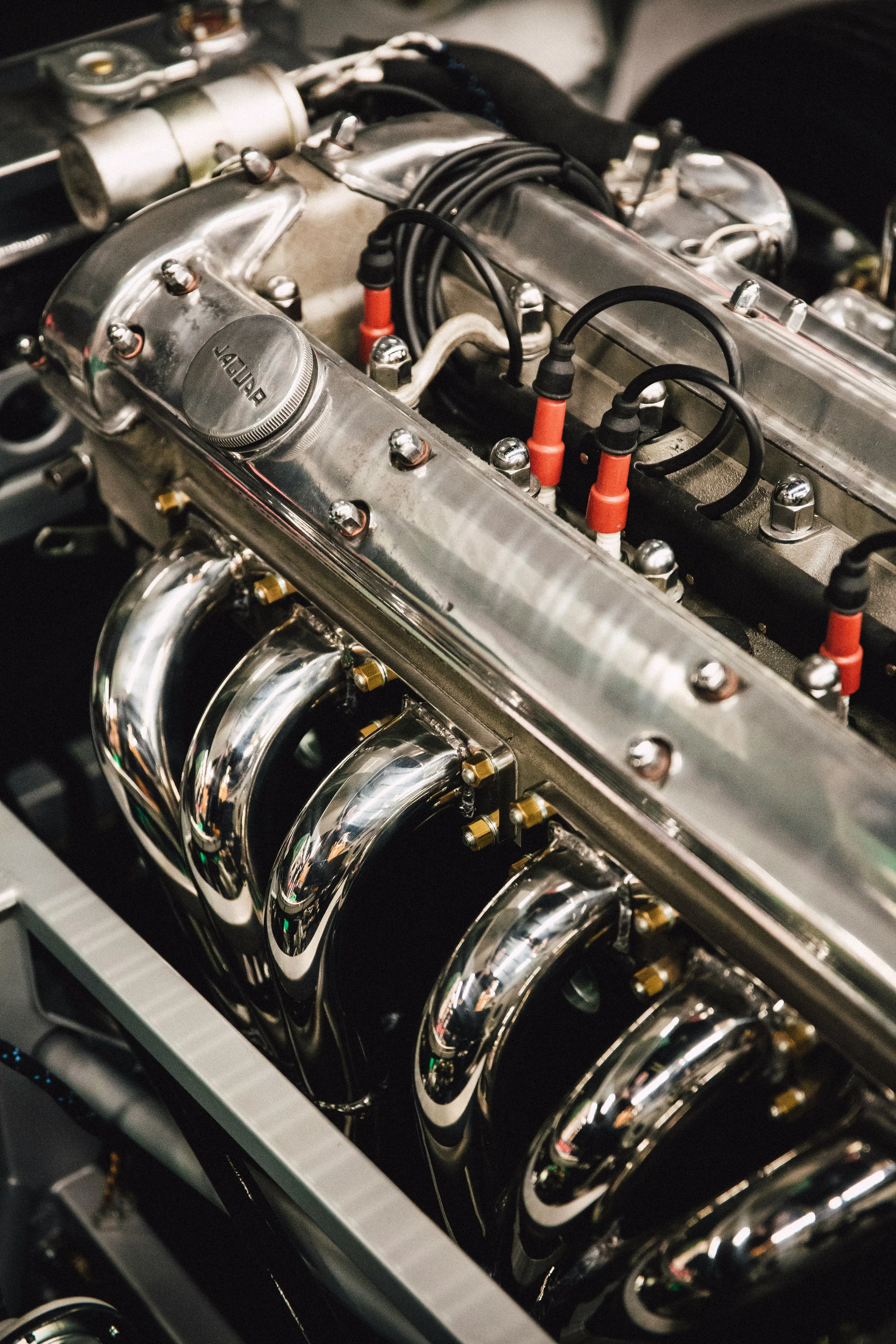 Close-up of a polished chrome car engine