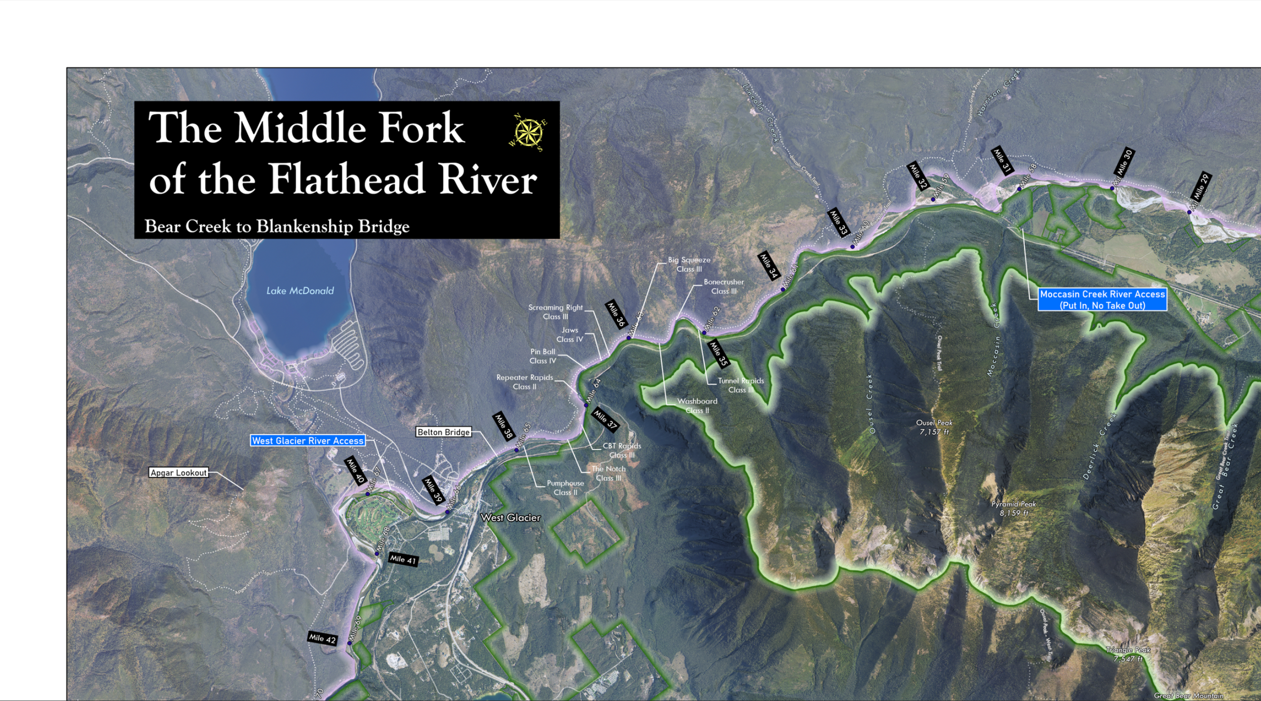 Map of the Middle Fork of the Flathead River from Bear Creek to Blankenship Bridge, showing access points, trails, and surrounding terrain including lakes, peaks, and creeks.