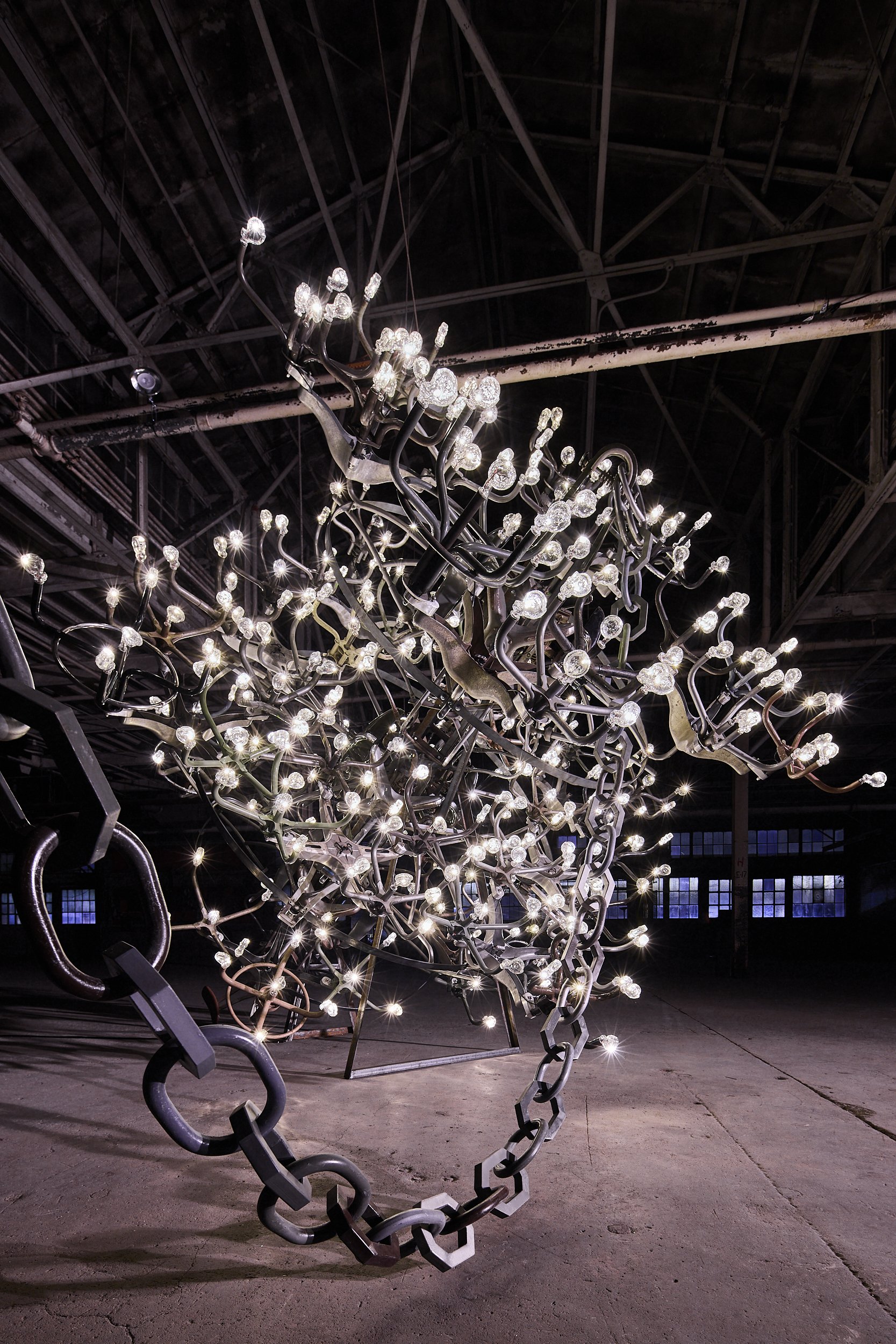 Mel Chin

Pool of Light, 2024-2025
Steel, industrial paint, aluminum, vinyl, leather, and mid-century office chairs