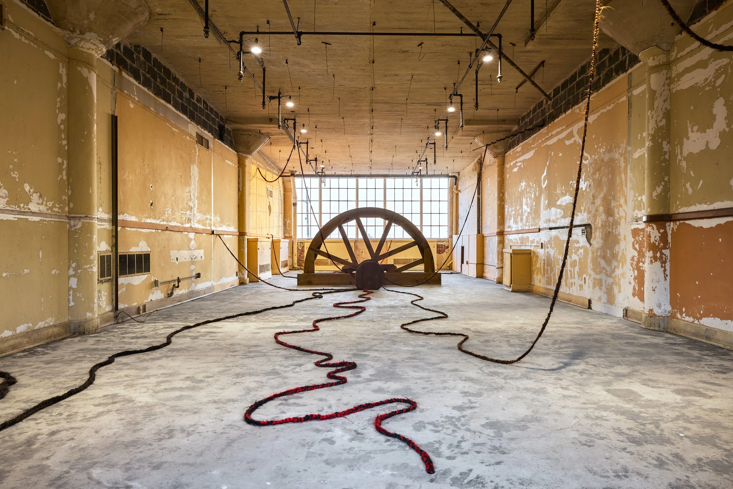 Jeannette Ehlers

Hoist and the Unseen: Journeys Through Tempests in Times of Hunger, 2024
Wood and synthetic hair
