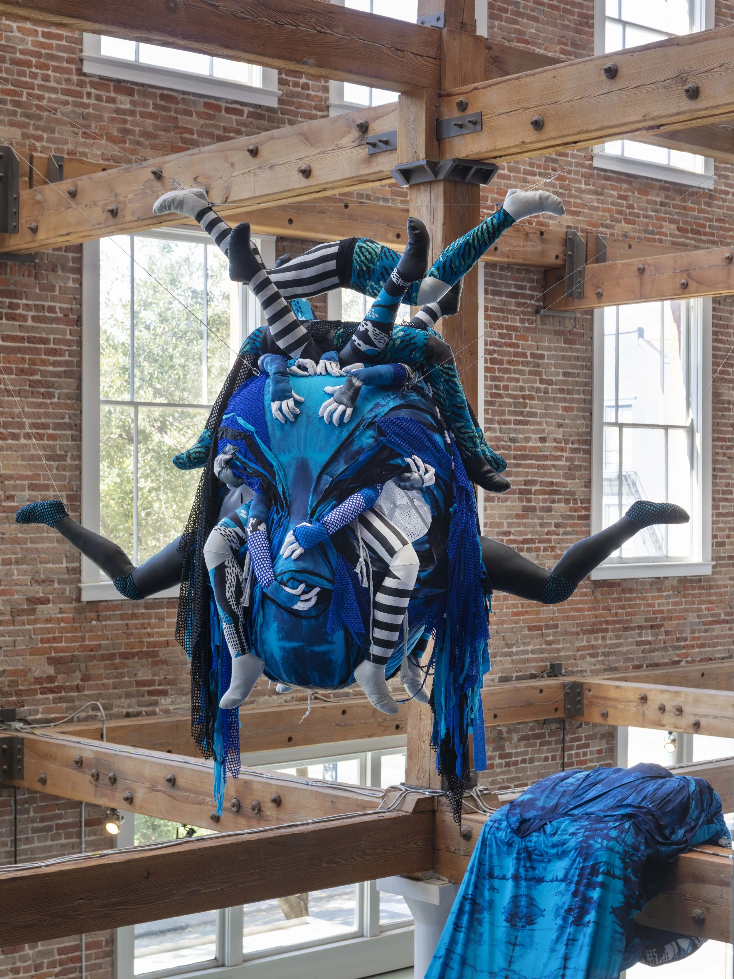 Shannon Alonzo

Three Whistles and a Howl, 2024
Steel and wire framing, Poly-fil wadding, cotton and synthetic fabrics, fiberglass rods, thread, and paracord