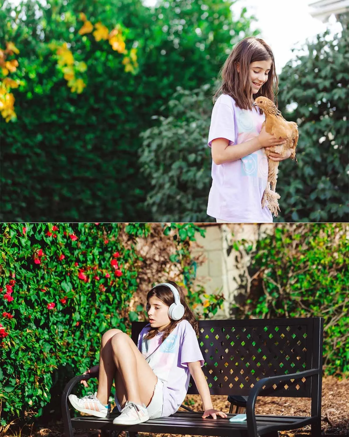 A two-panel image showing a girl holding a chicken outdoors in the top panel, smiling and looking at the chicken. In the bottom panel, the same girl is sitting on a park bench wearing headphones, looking thoughtful with her legs crossed and a cell ph
