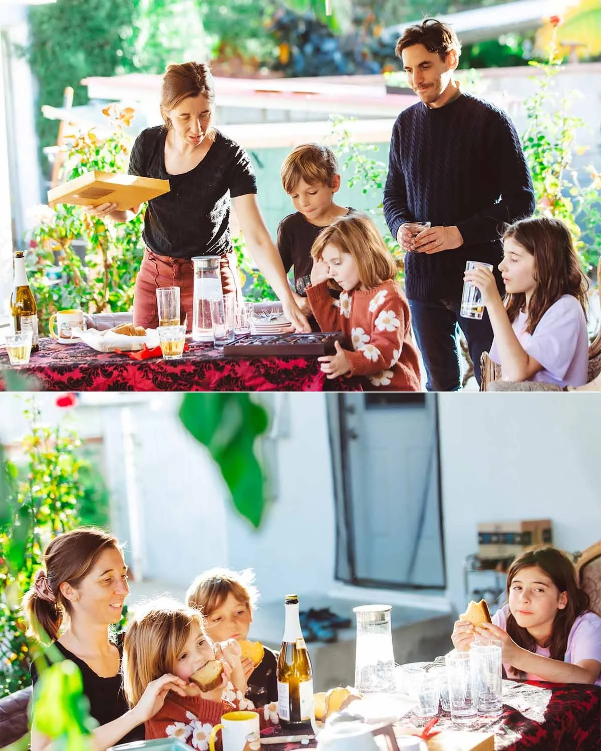 Family gathering at a table with drinks and snacks, with adults and children enjoying each other's company.