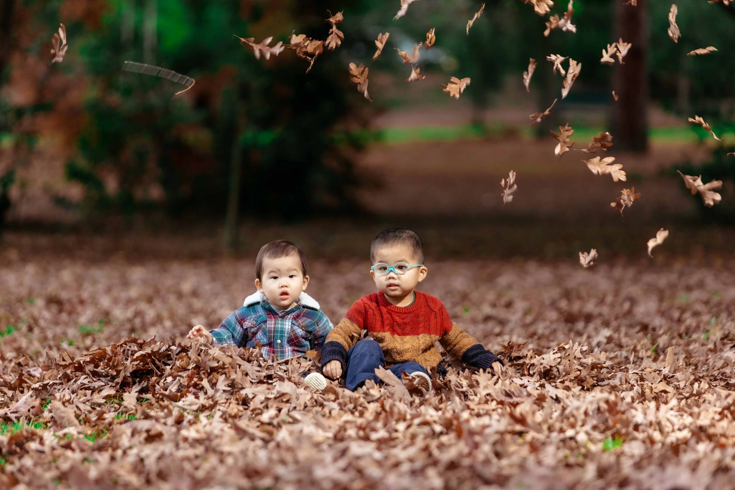 Two young children sitting in a pile of fallen leaves in a park during autumn, with leaves falling around them.