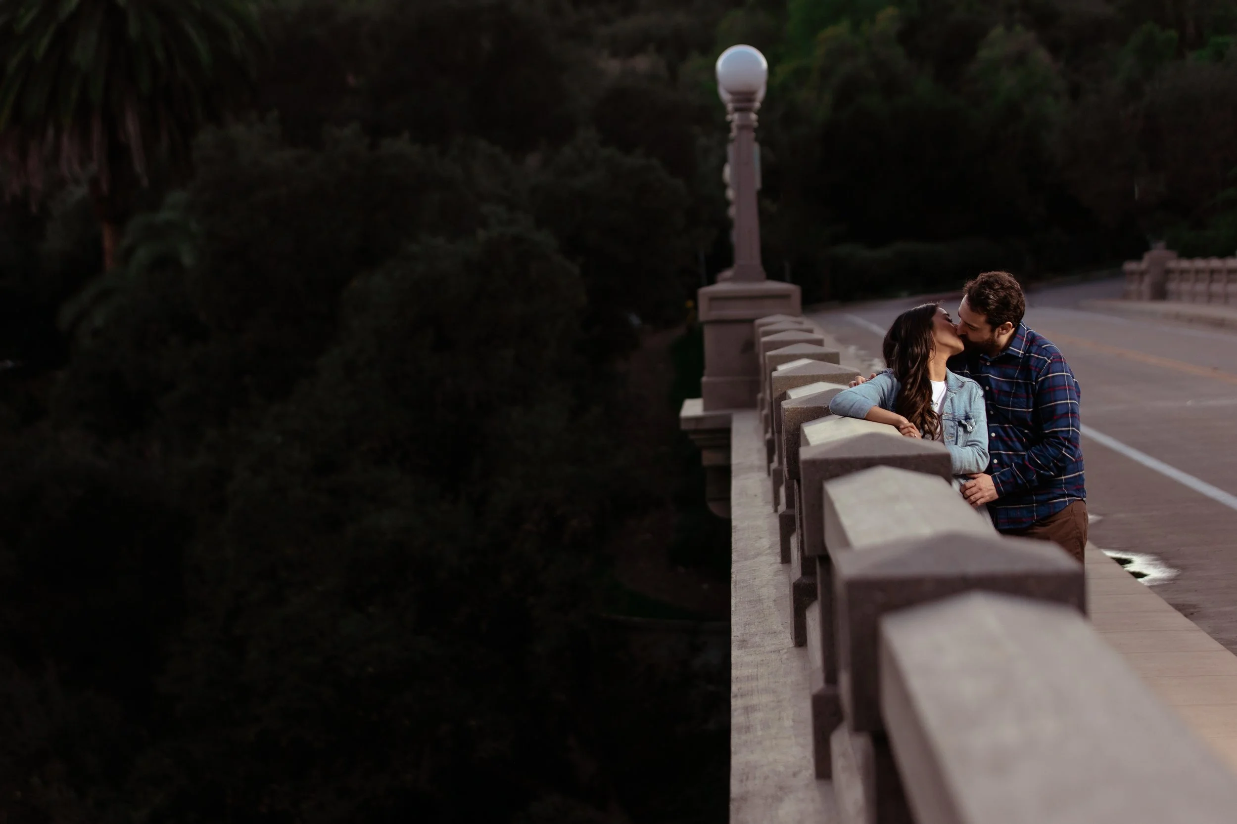 A couple sharing a kiss on a bridge at dusk, with greenery in the background.