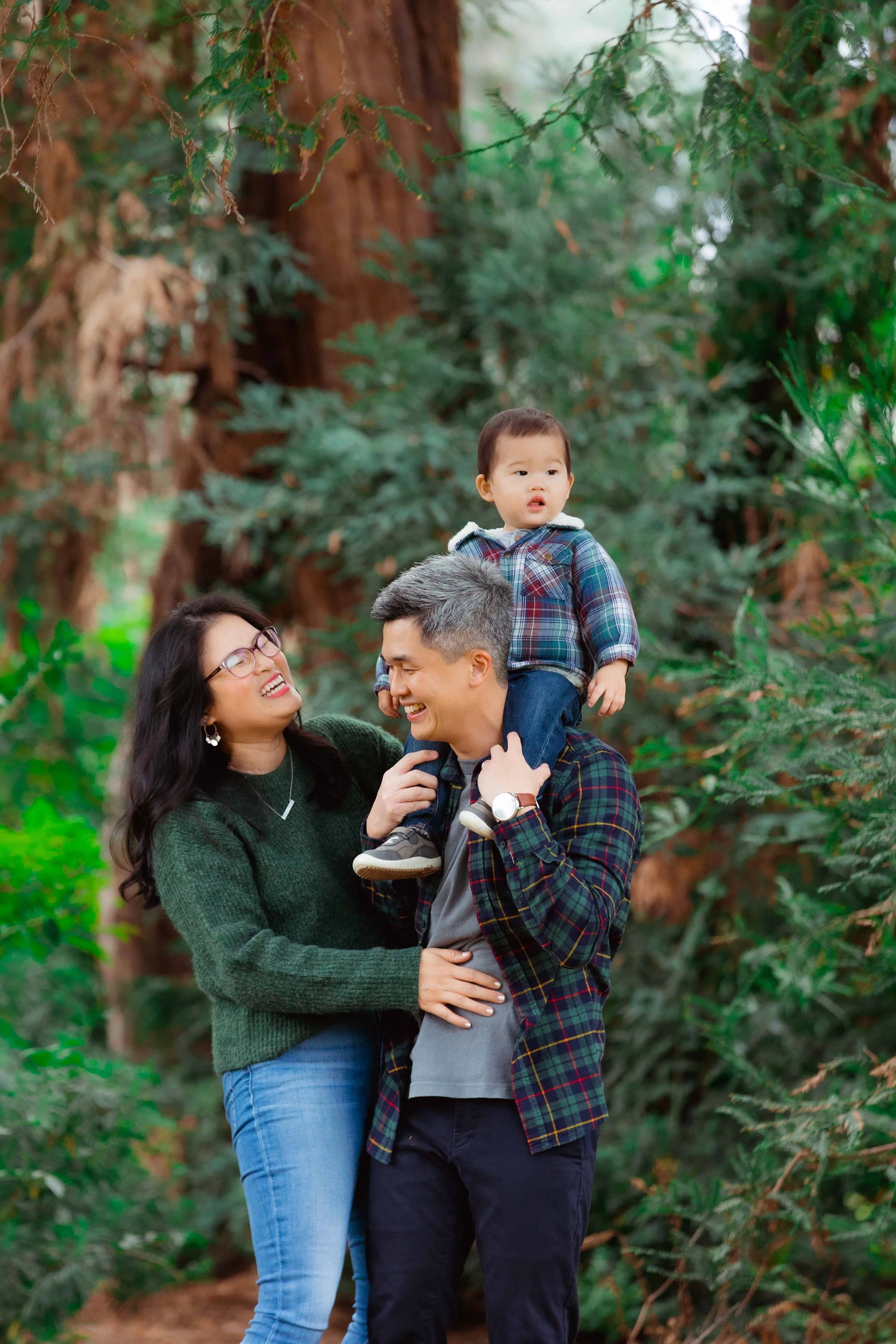 A family enjoying a moment outdoors among tall, green pine trees. The father is carrying a young boy on his shoulders, while the mother is standing nearby, smiling and looking at them.