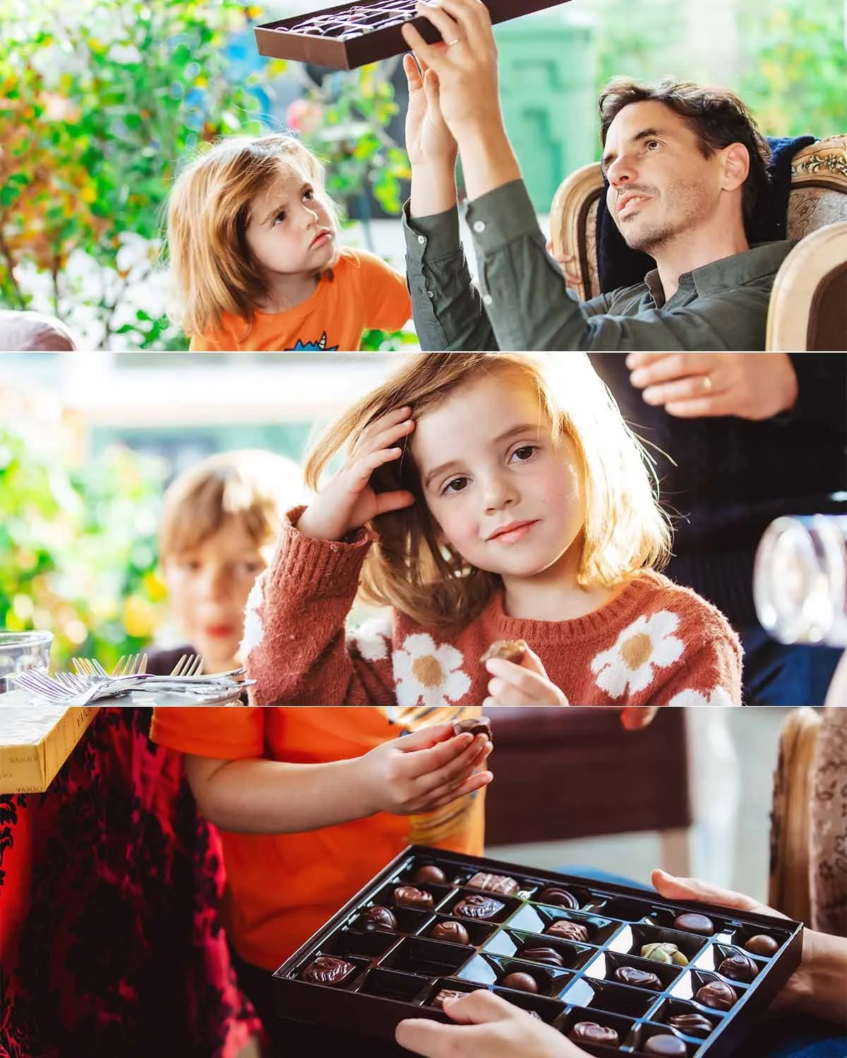Three children and adults enjoying a chocolate gift exchange and tasting chocolates at a gathering.