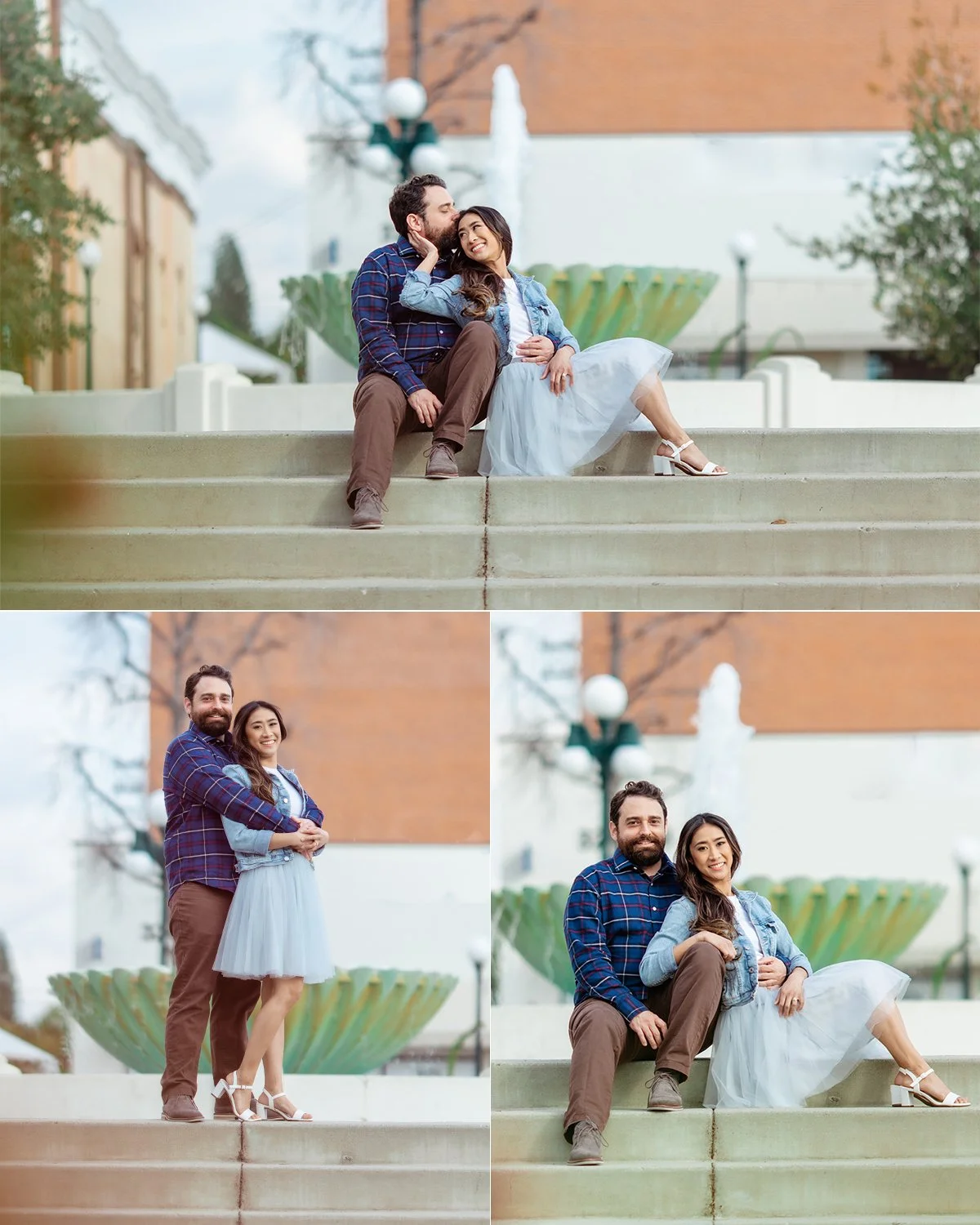 A sequence of three photos showing a couple enjoying outdoor photos near a fountain. In the first and third photos, they are sitting on steps close together, with the woman touching the man's face and the man kissing her forehead. In the second photo
