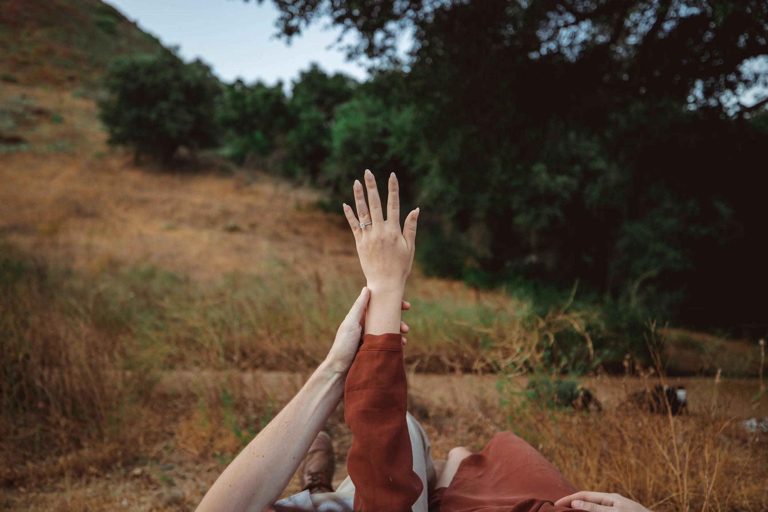A couple sitting on a hillside, holding hands with one person's hand reaching upward. The background shows dry grass, trees, and a partially cloudy sky.