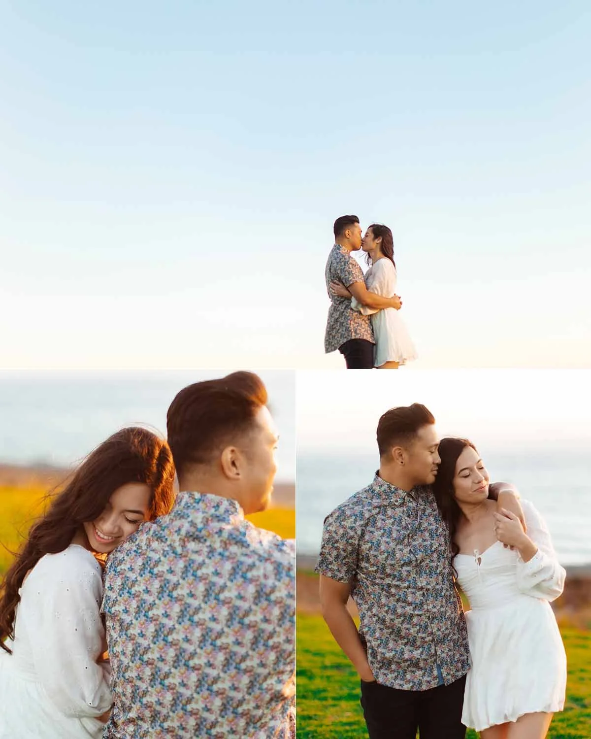 A collage of three photos of a couple on a grassy outdoor area near the ocean during sunset, sharing affectionate moments and looking at each other.