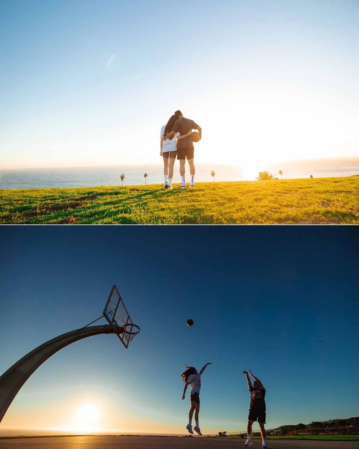 Two people walking together on a grassy field near the ocean at sunset in the top image. Two people playing basketball on an outdoor court at sunset in the bottom image.