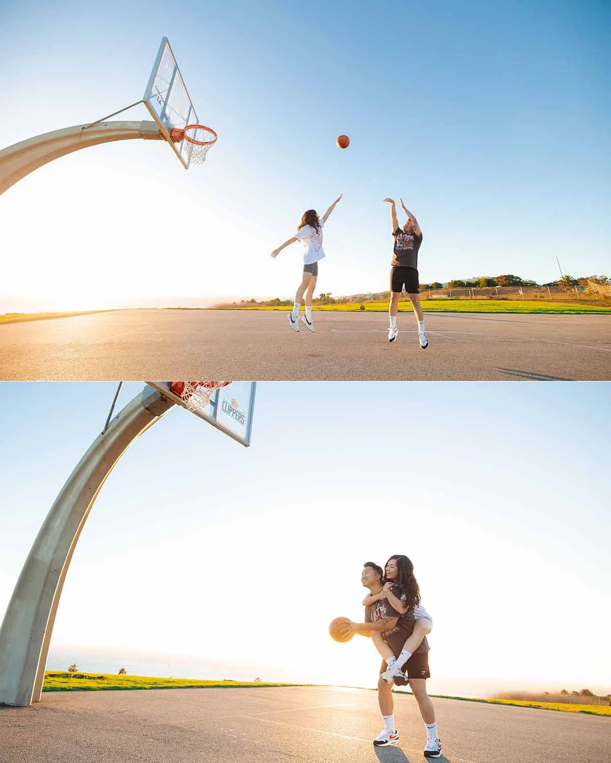 Two women playing basketball on an outdoor court with a sunset in the background; one woman is jumping to shoot the ball while the other is defending, and in the second part, one woman is holding a basketball with a woman on her back, near a basketba