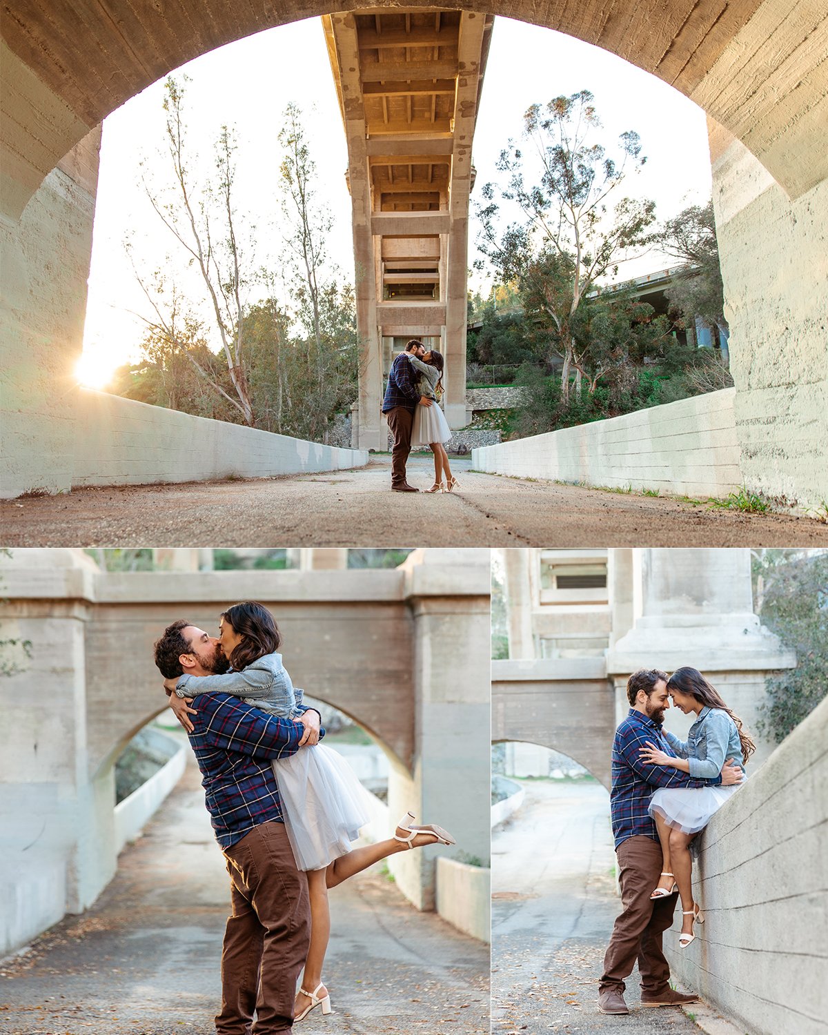 A couple sharing a kiss under a bridge in three photos: first standing under the bridge with trees in the background, second being lifted by the man in front of an arched structure, and third leaning against the wall of the bridge in a romantic pose.