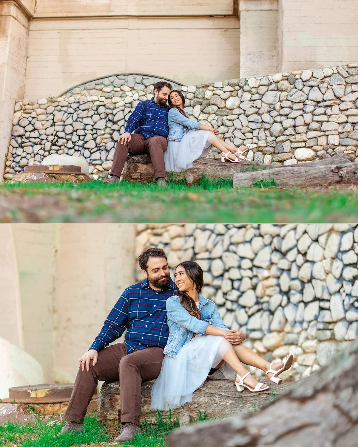 A couple sitting together on a stone bench outdoors, with a stone wall and building in the background. The woman is smiling and leaning towards the man, who is looking at her. The woman is wearing a light blue jacket and a white dress, while the man 