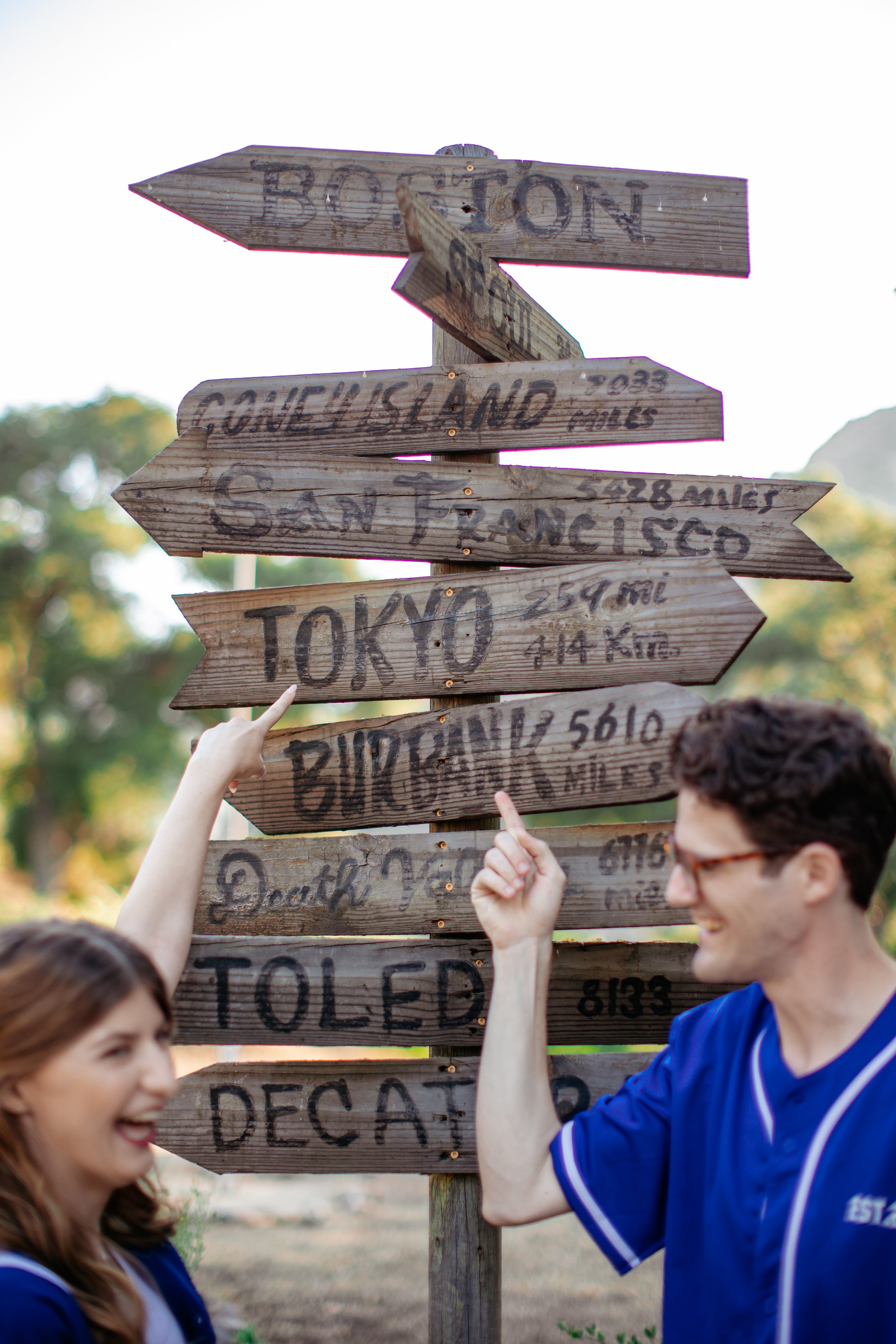 Two people pointing at a rustic wooden signpost with multiple directional signs indicating locations and distances, outdoors in natural light.