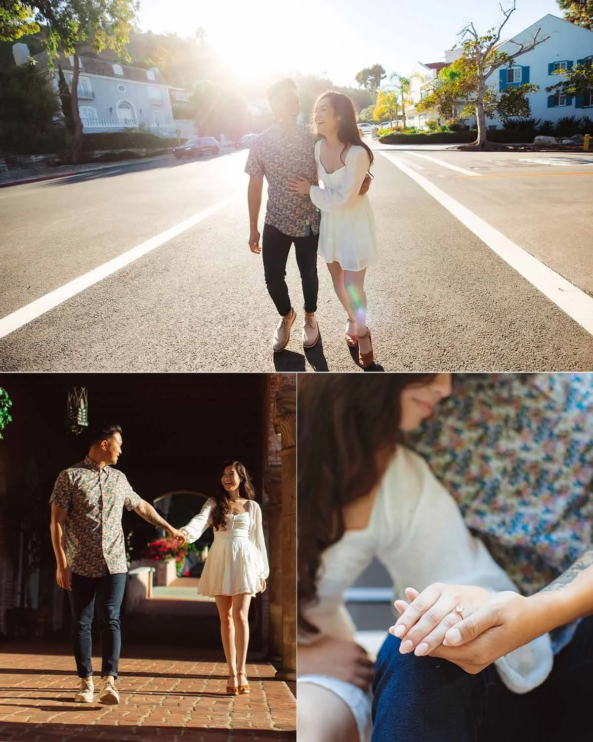 A collage of three photos: The top photo shows a couple walking on a sunny street, smiling and holding hands. The middle photo features the same couple holding hands inside a building, looking at each other happily. The bottom right close-up shows a 