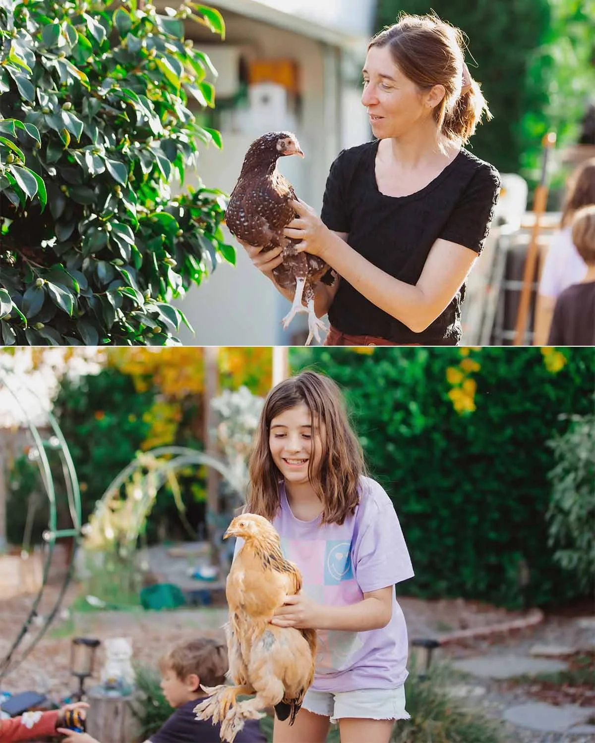 A woman holding a chicken and a girl holding a chicken in a backyard.