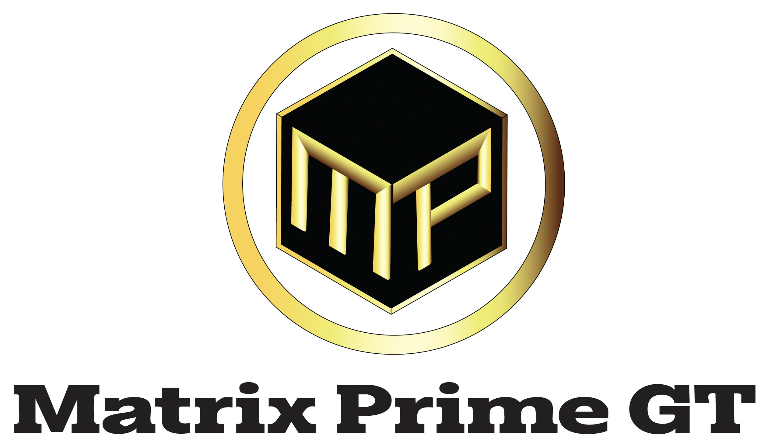 'Matrix Prime GT' logo featuring a black cube with golden 3D letters forming 'MPG', encircled by a gold ring, with the text 'Matrix Prime GT' below.